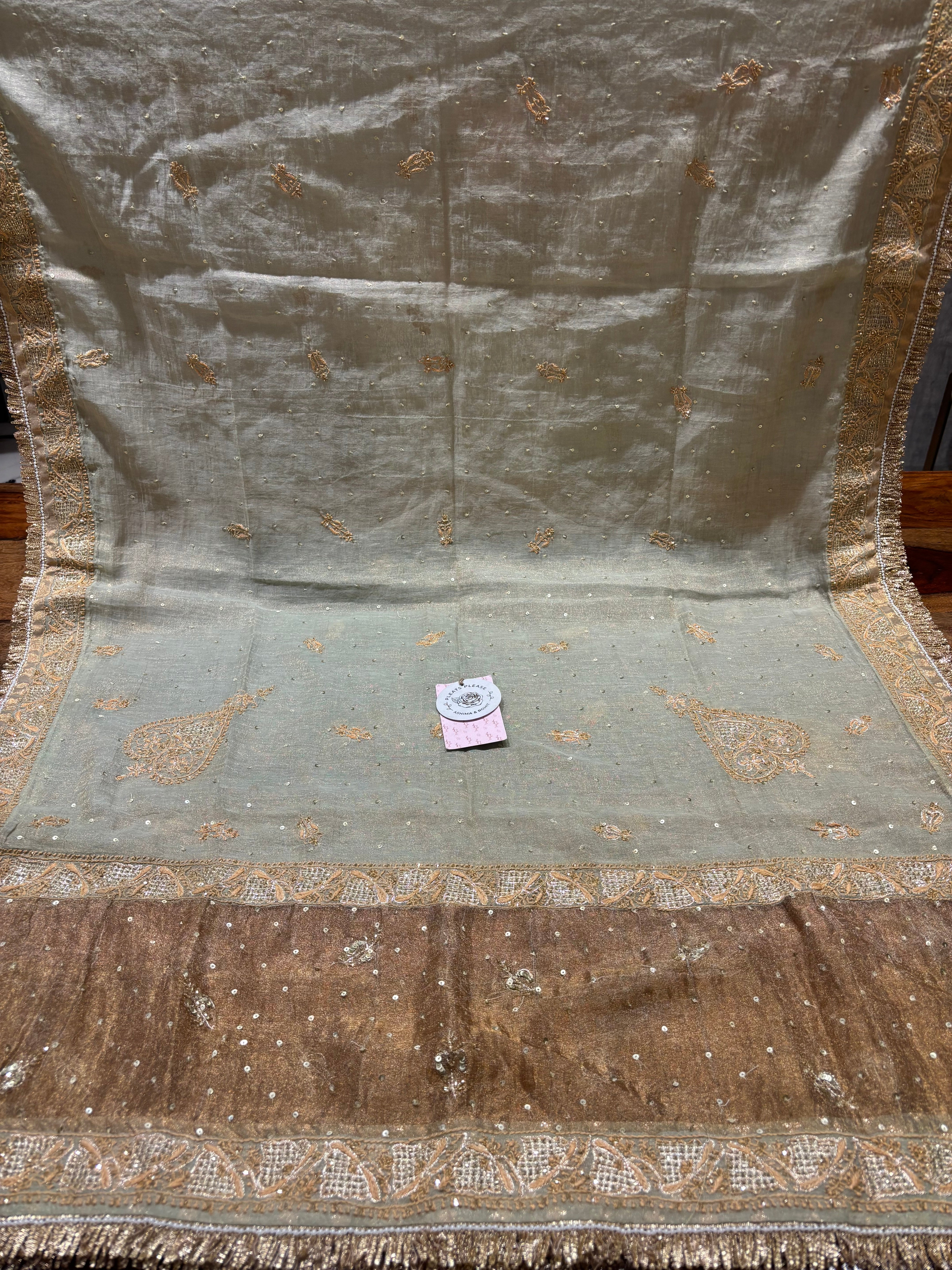 Cardamom Green Pure & Premium Tissue Chikankari Angrakha & Dupatta Set