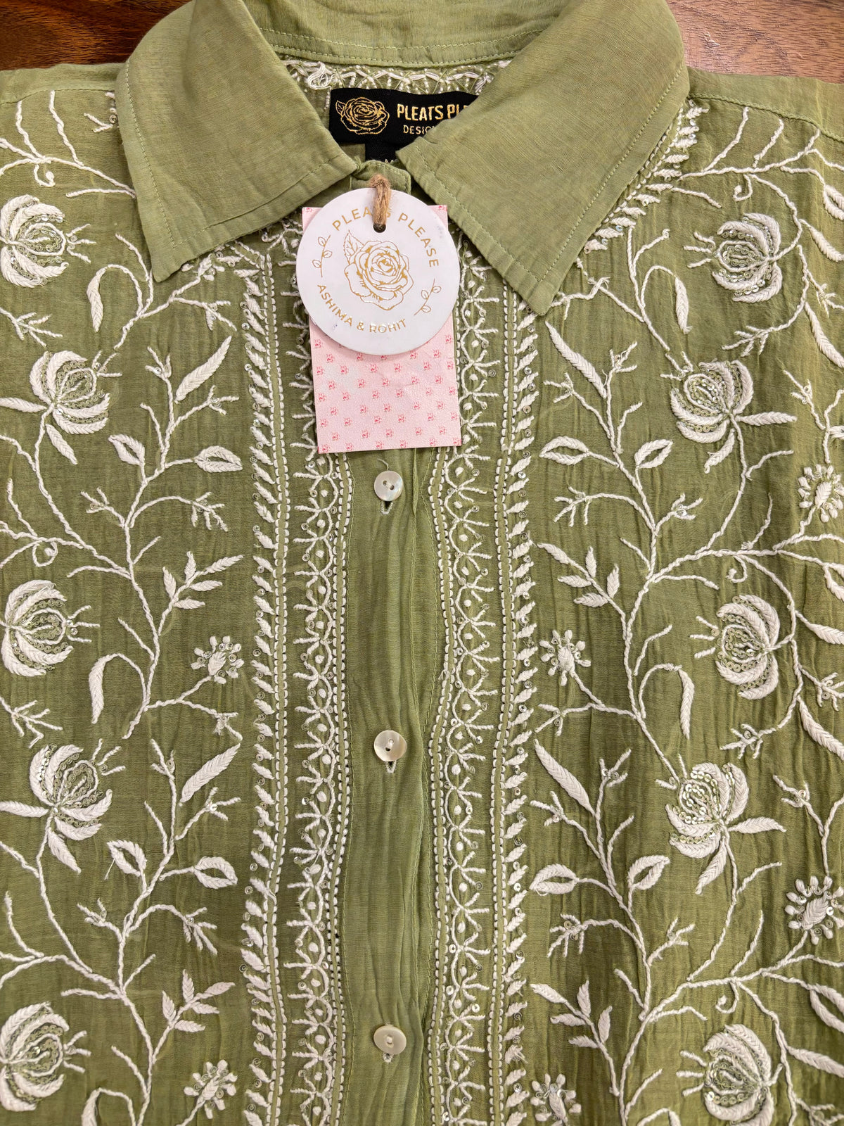 Olive Green Chanderi Mul Chikankari Women’s Shirt