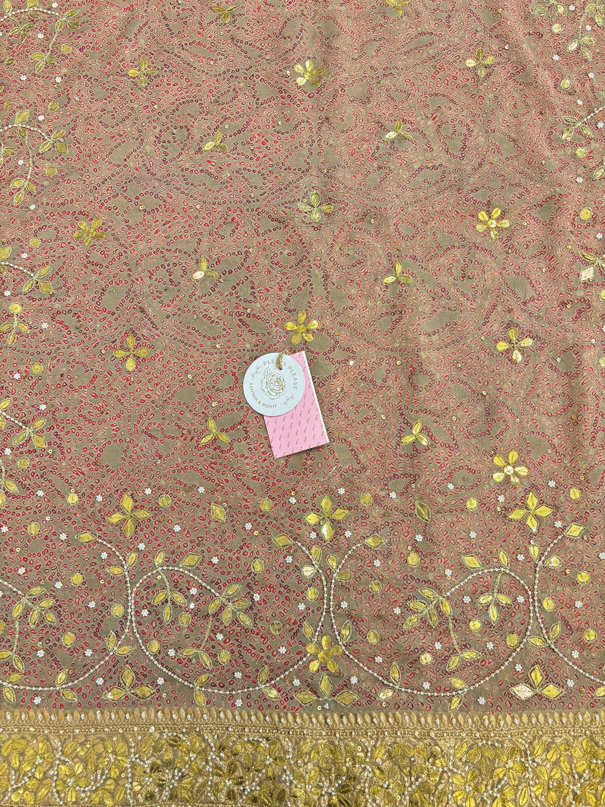 Beige-Red Pure & Premium Georgette Gota Patti Bandhej Zardozi Dupatta - Pleats PleaseChikankari