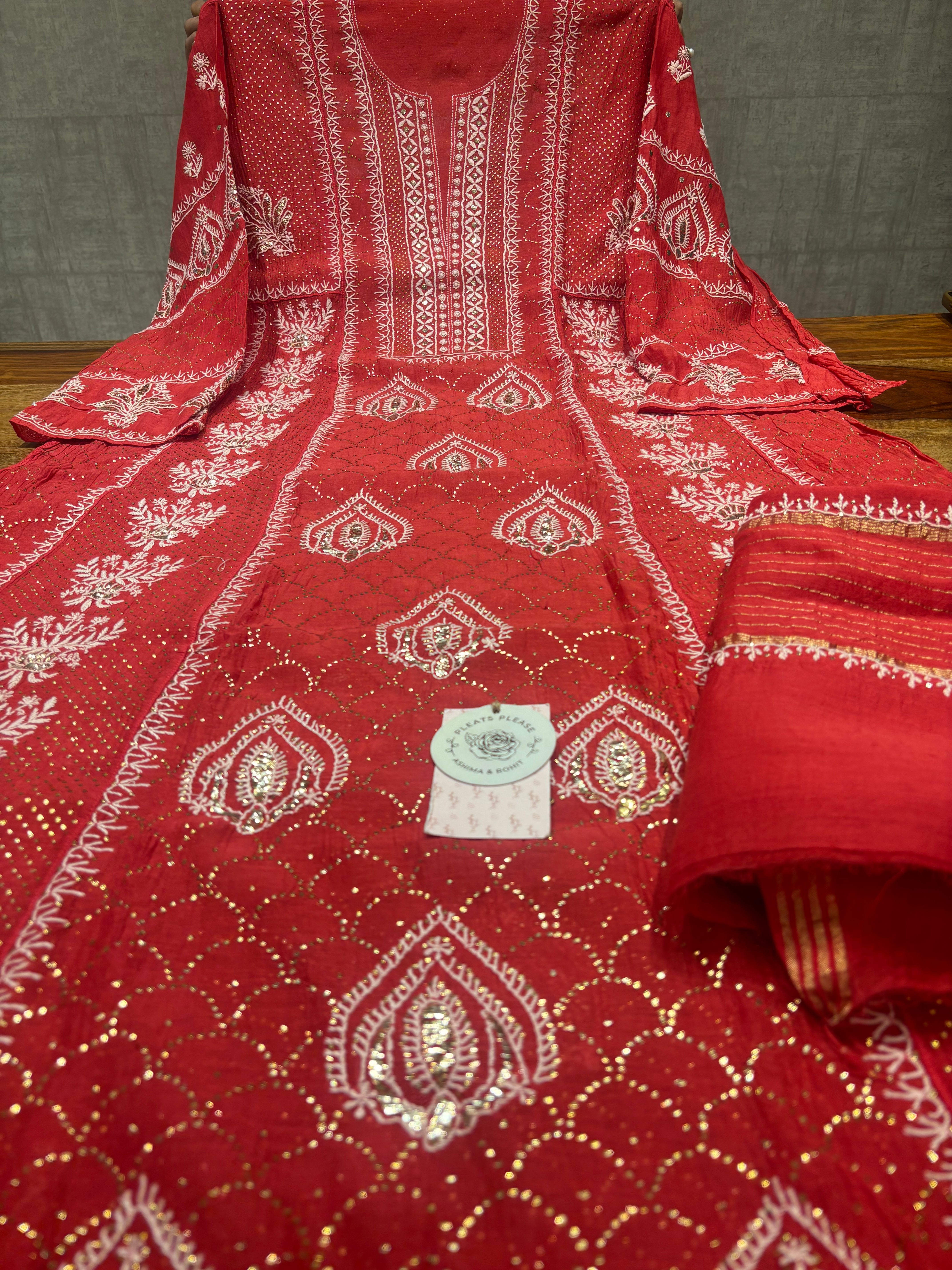 Red Chanderi Mul Chikankari & Mukaish Anarkali & Dupatta Set