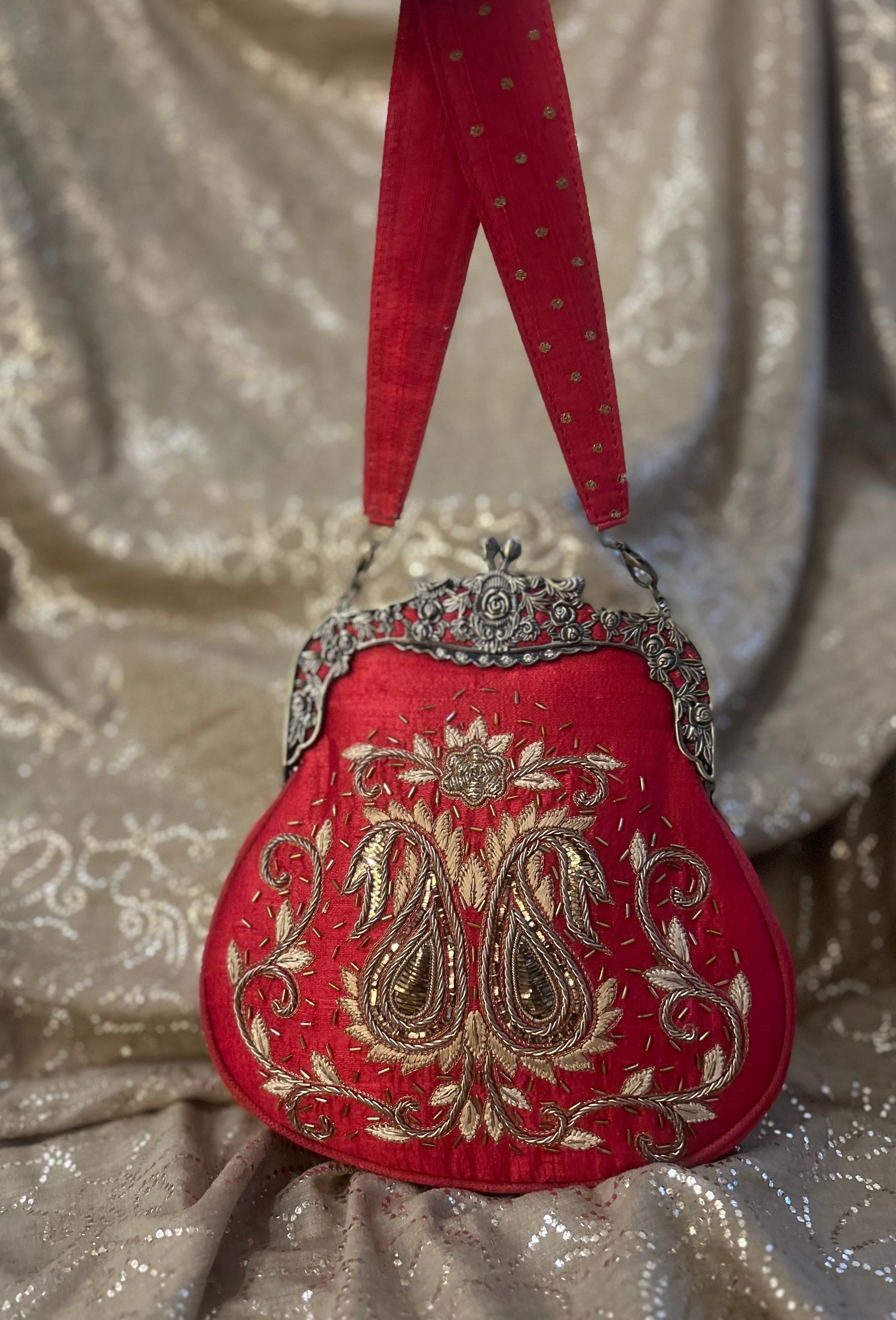 Red Zardozi Mukaish Chikankari Clutch Bag