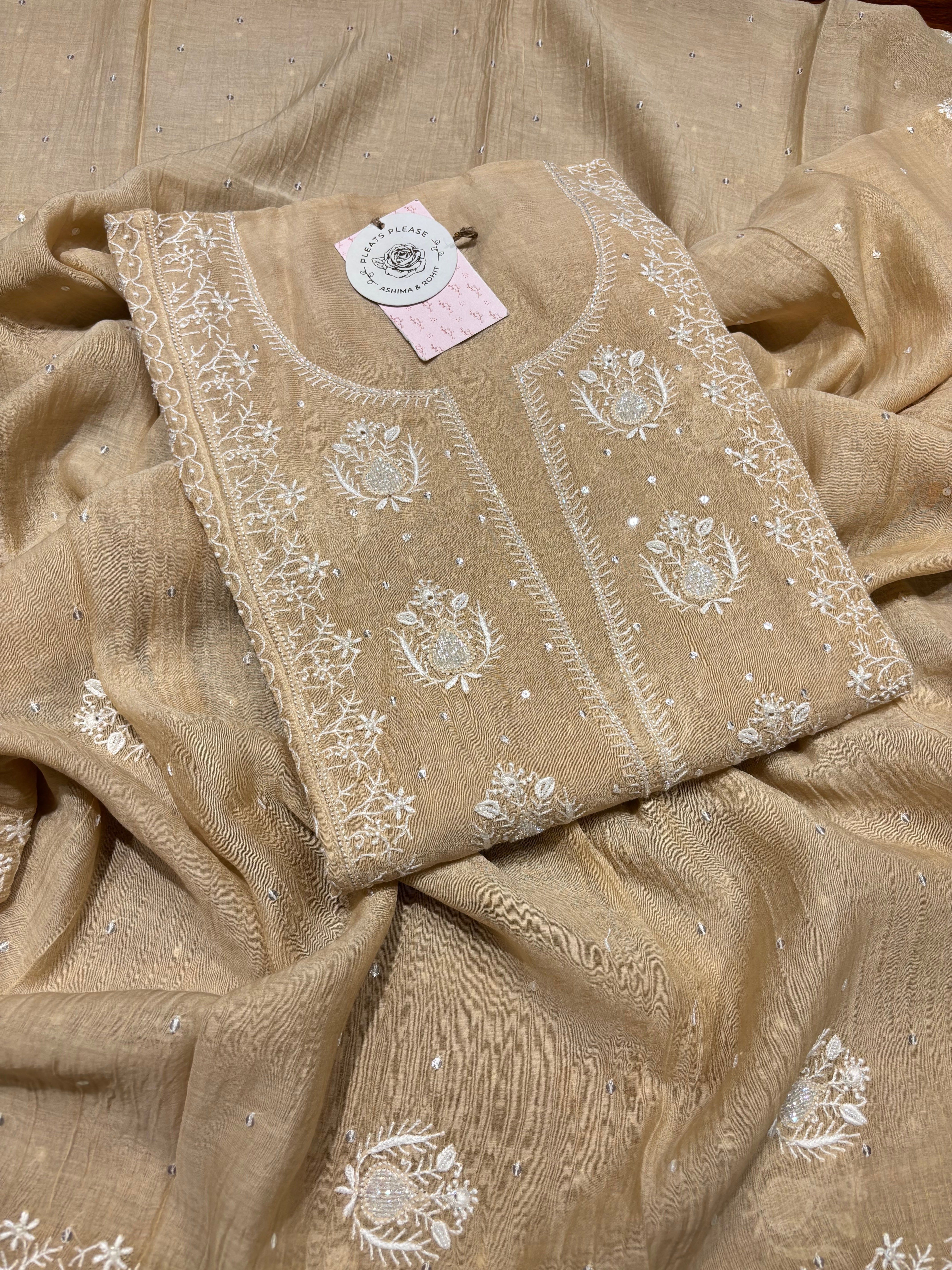 Coffee cream Chanderi Mul Chikankari kurta and Dupatta set