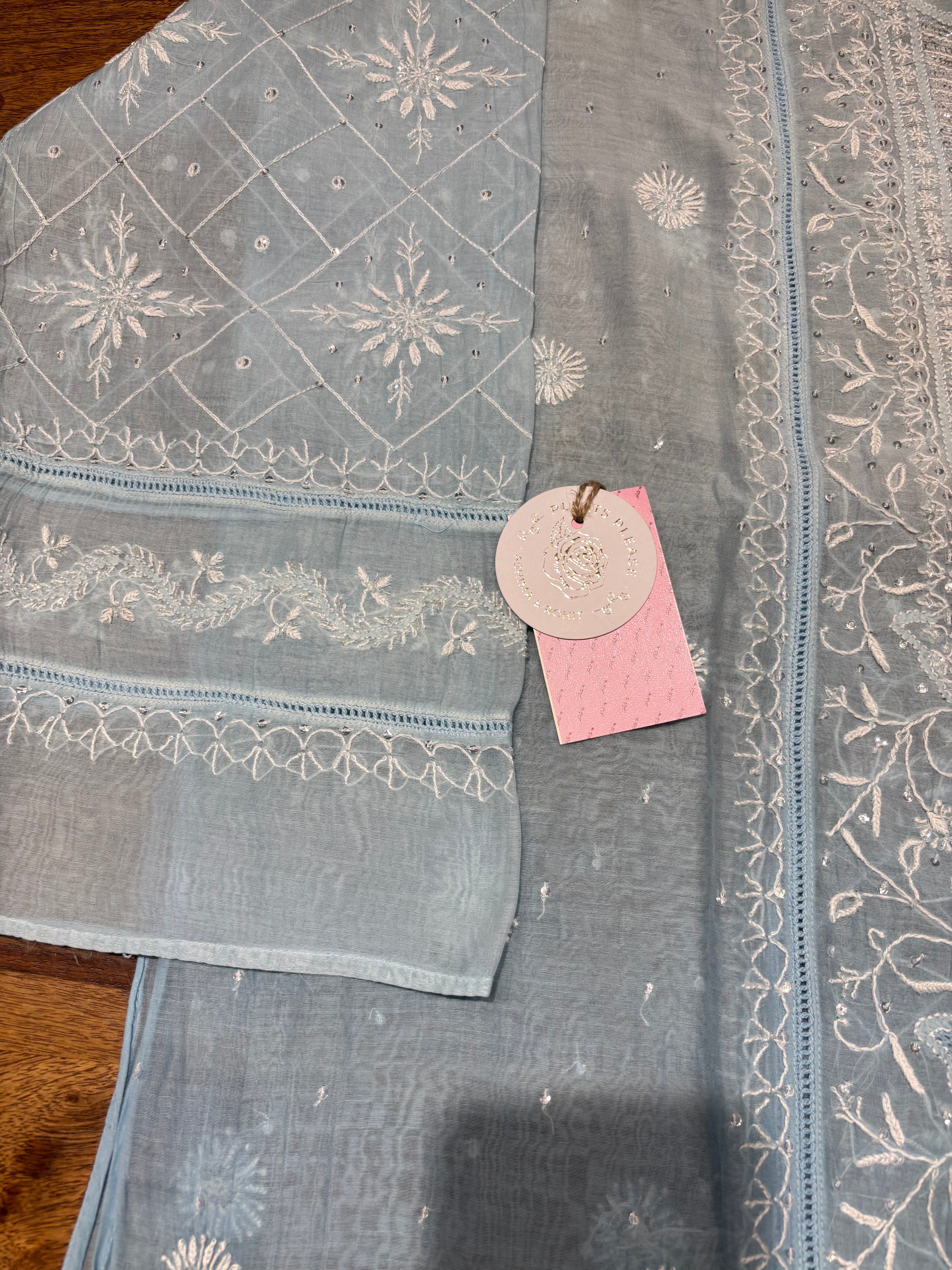 Powder Blue Ombre Chanderi Mul Chikankari Kurta & Dupatta aset