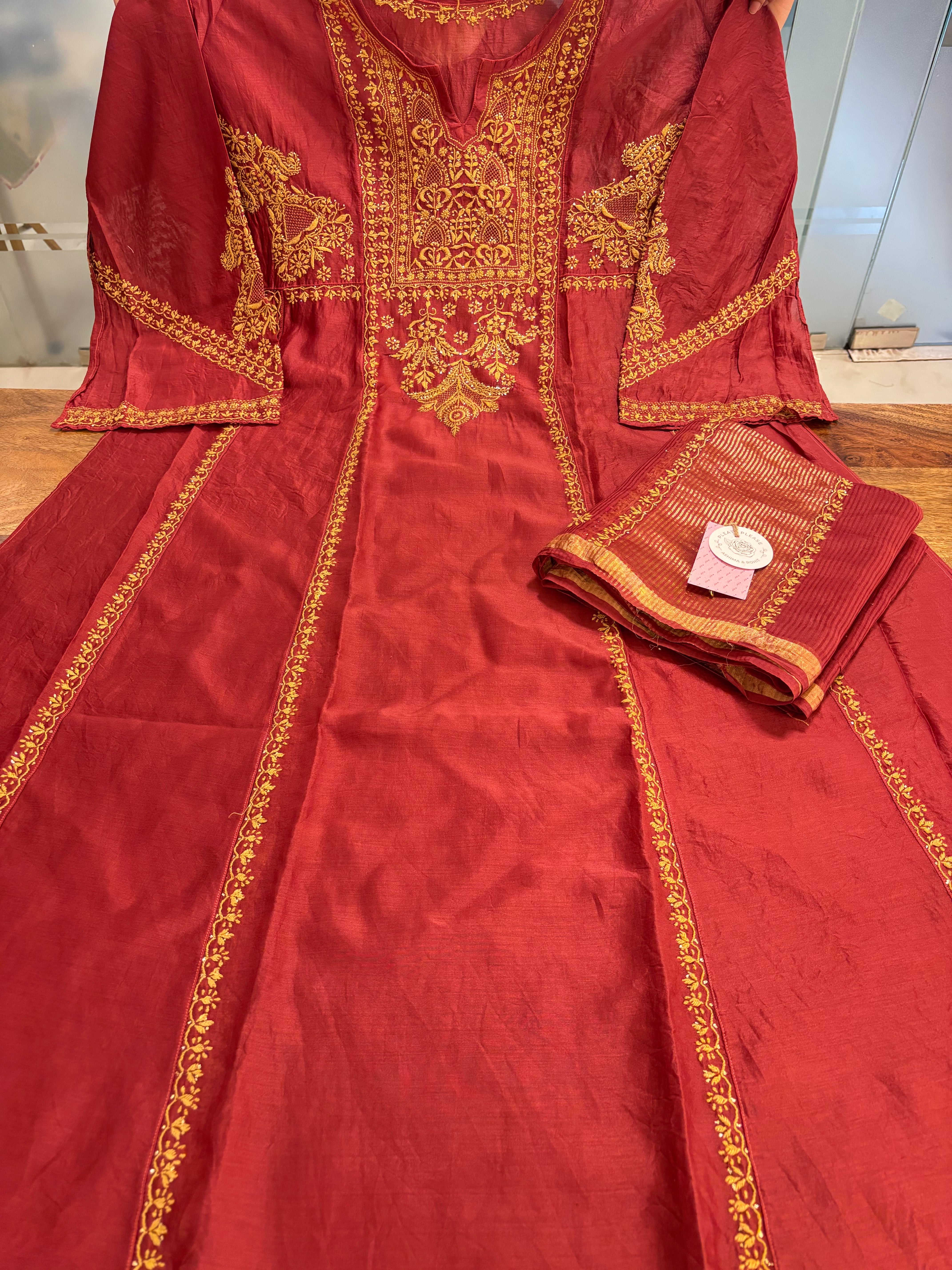 Maroon Chanderi Silk A-line Chikankari Mukaish Kurta & Dupatta Set