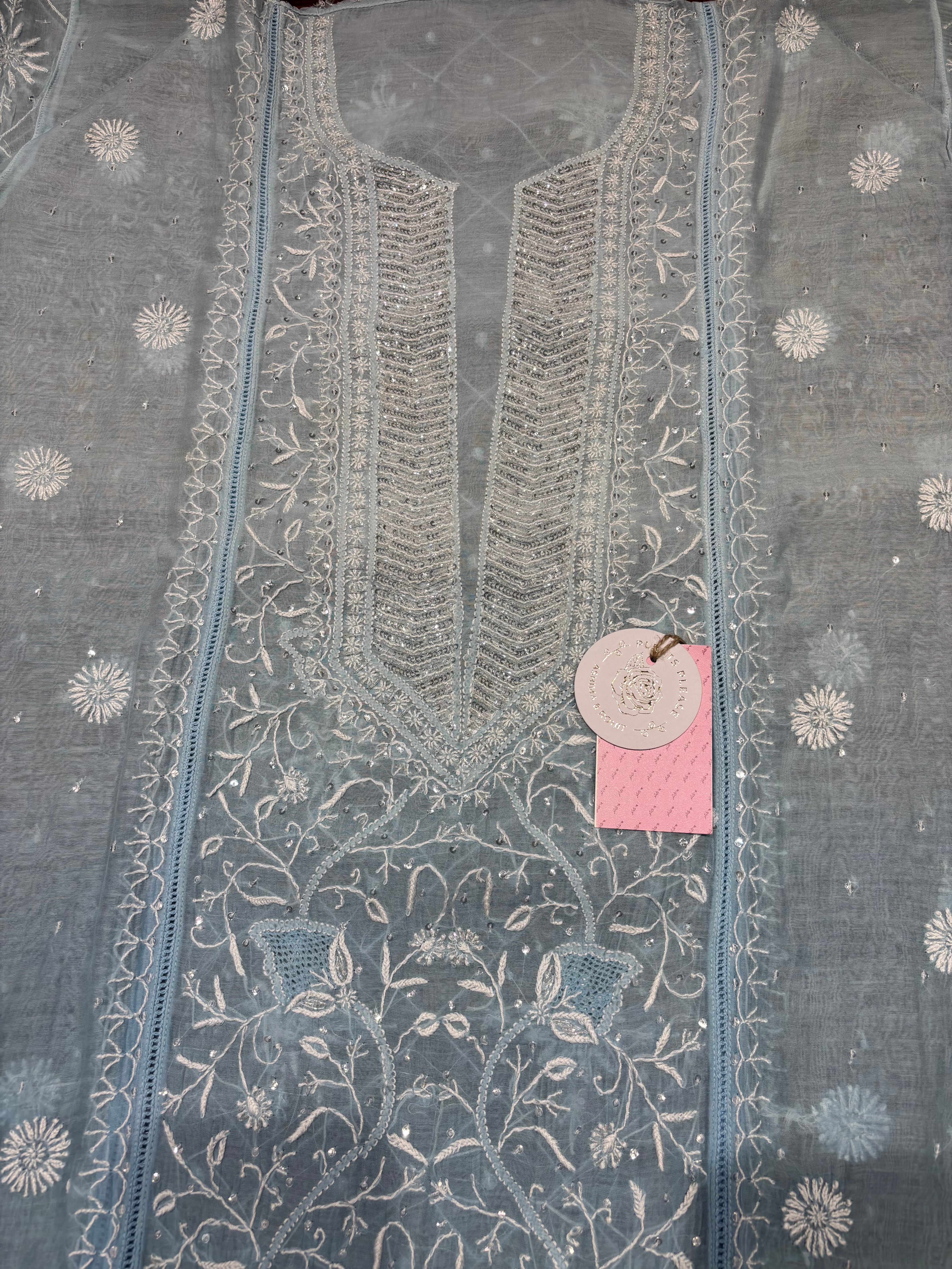 Powder Blue Ombre Chanderi Mul Chikankari Kurta & Dupatta aset