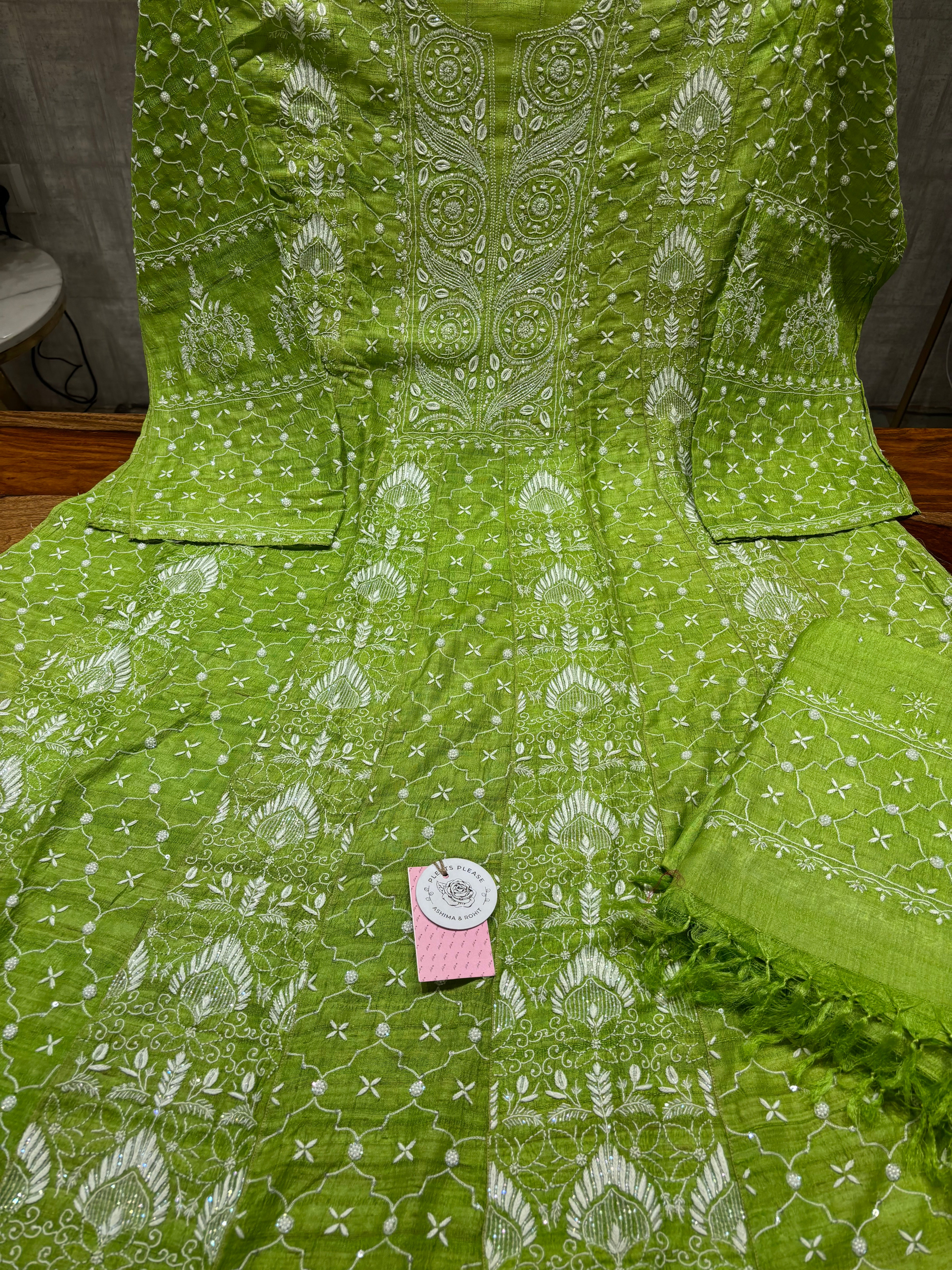 Green Tussar Silk Chikankari Anarkali and Dupatta Set