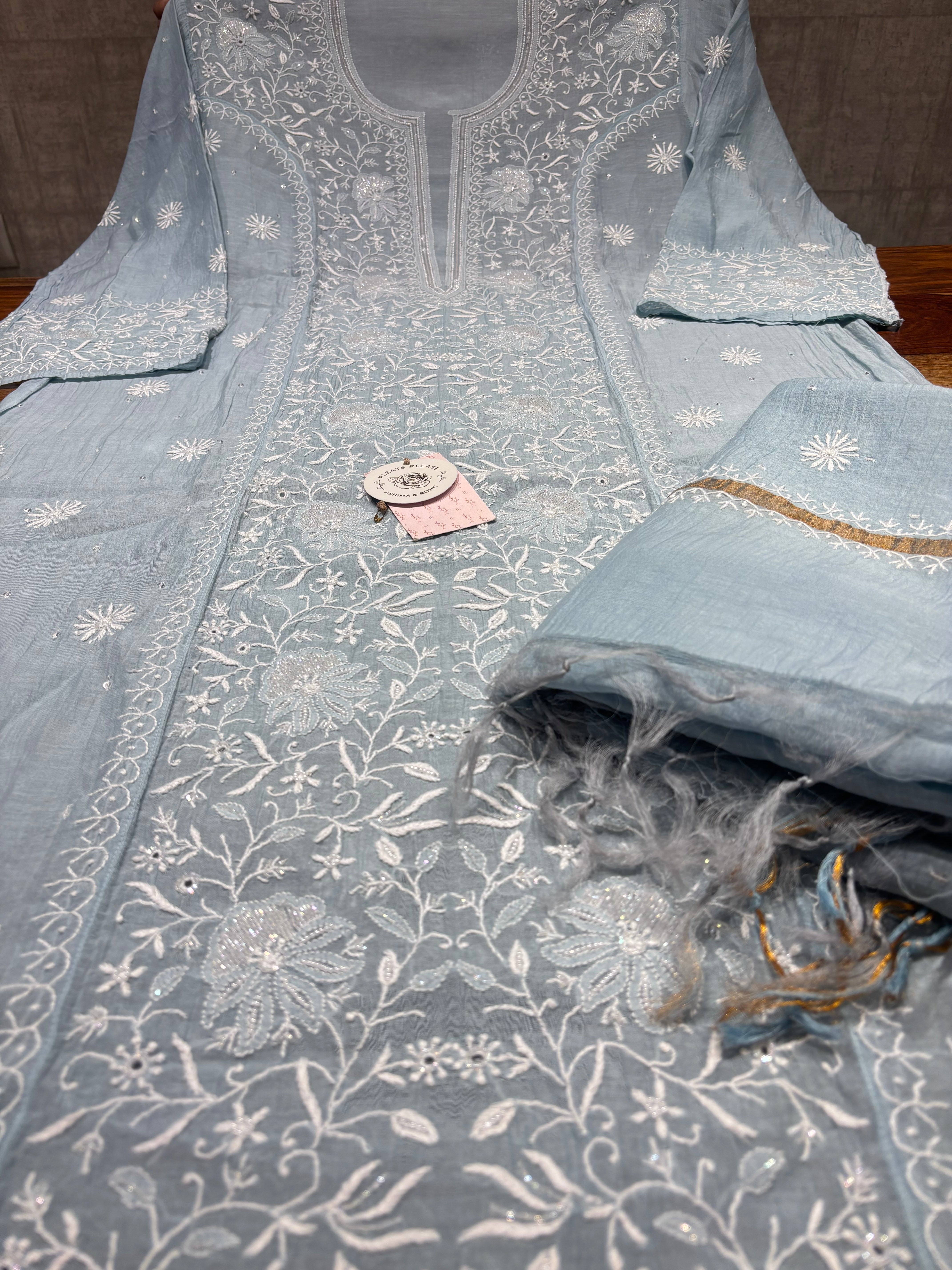 Powder Blue Chanderi Mul Chikankari Kurta & Dupatta Set