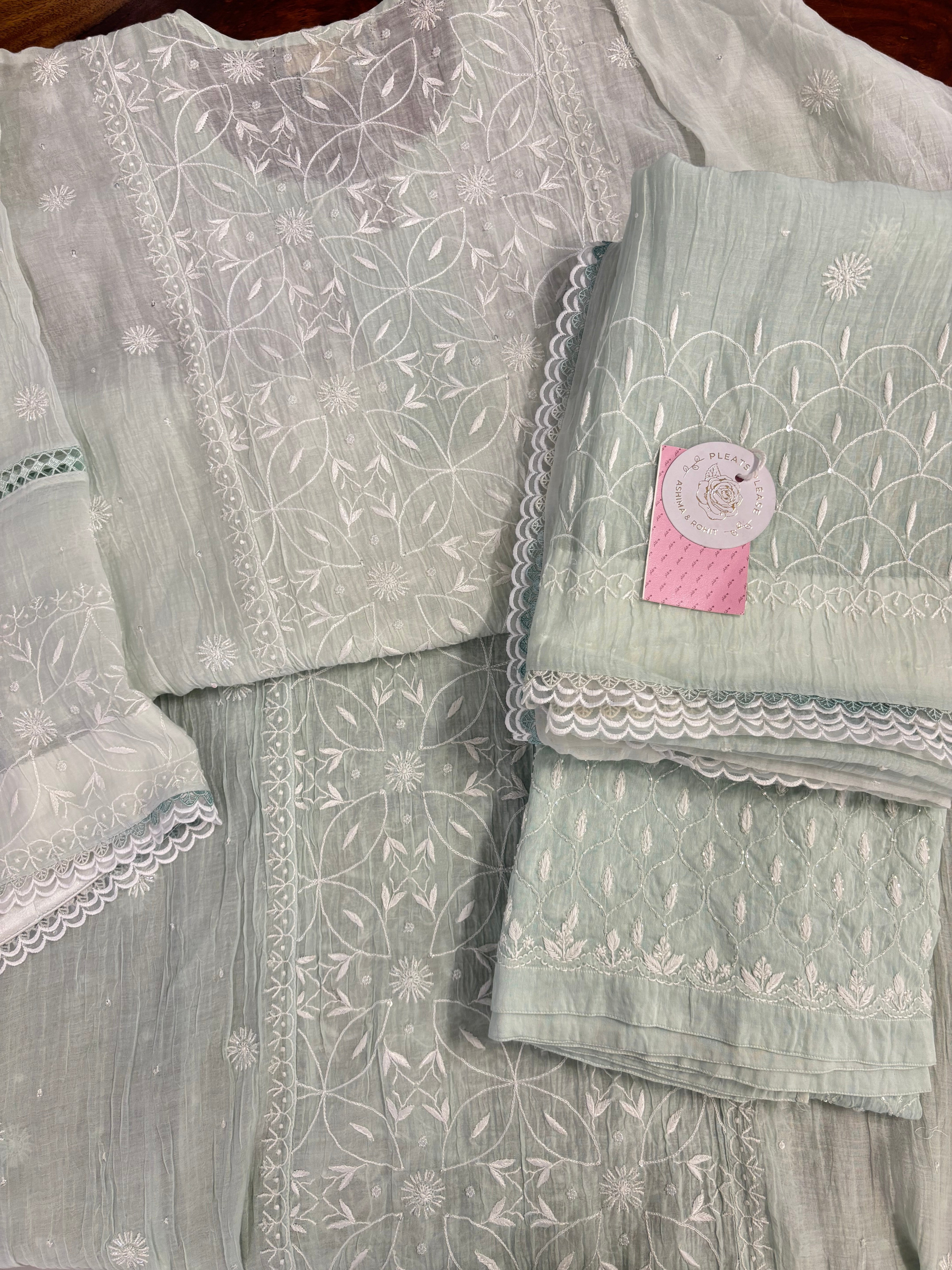Sage Green Ombré Chanderi Mul Chikankari Kurta & Dupatta With Bottom - Pleats PleaseChikankari