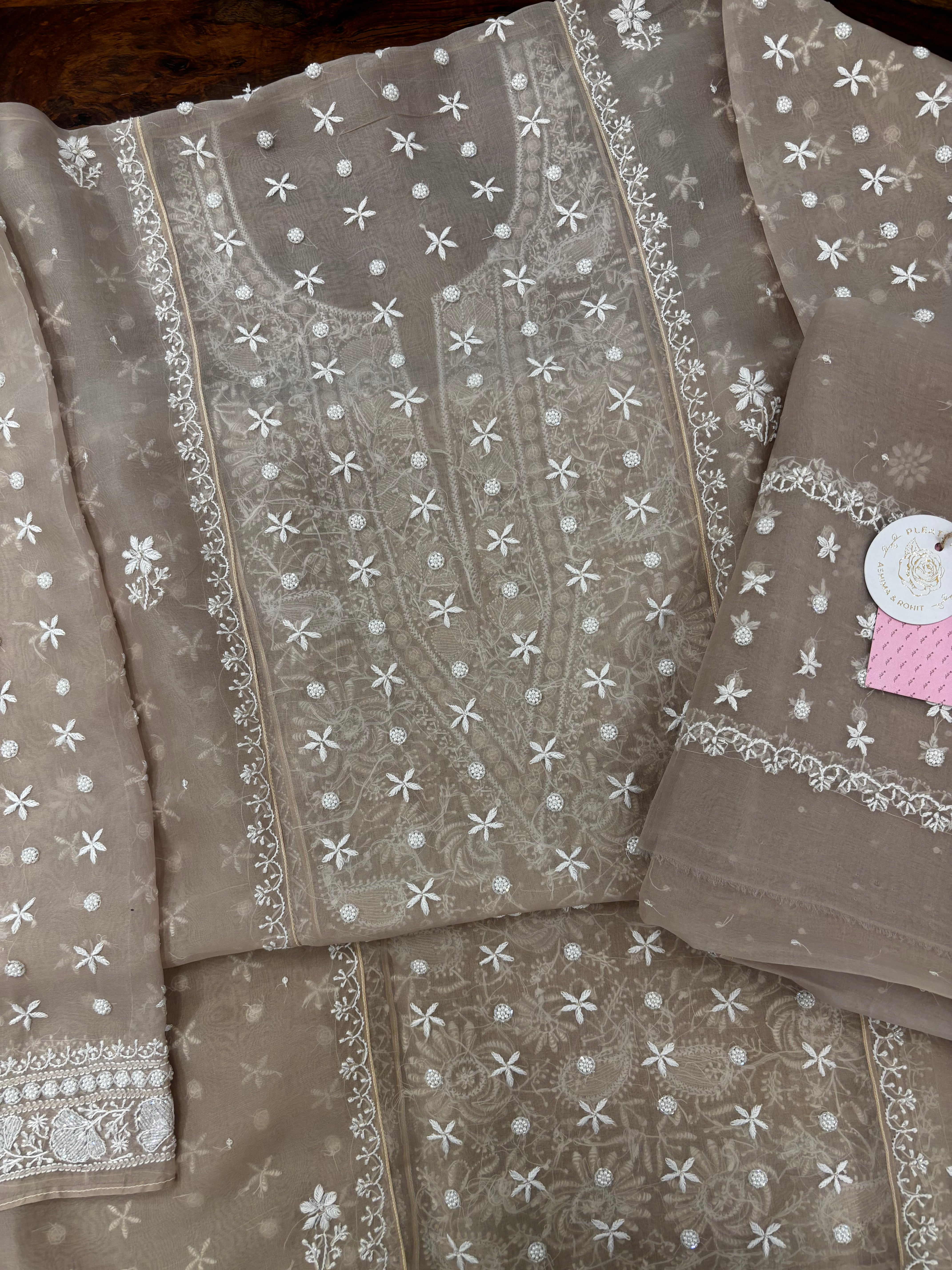 Mocha Brown Pure Organza Chikankari Kurta & Dupatta - Pleats PleaseChikankari