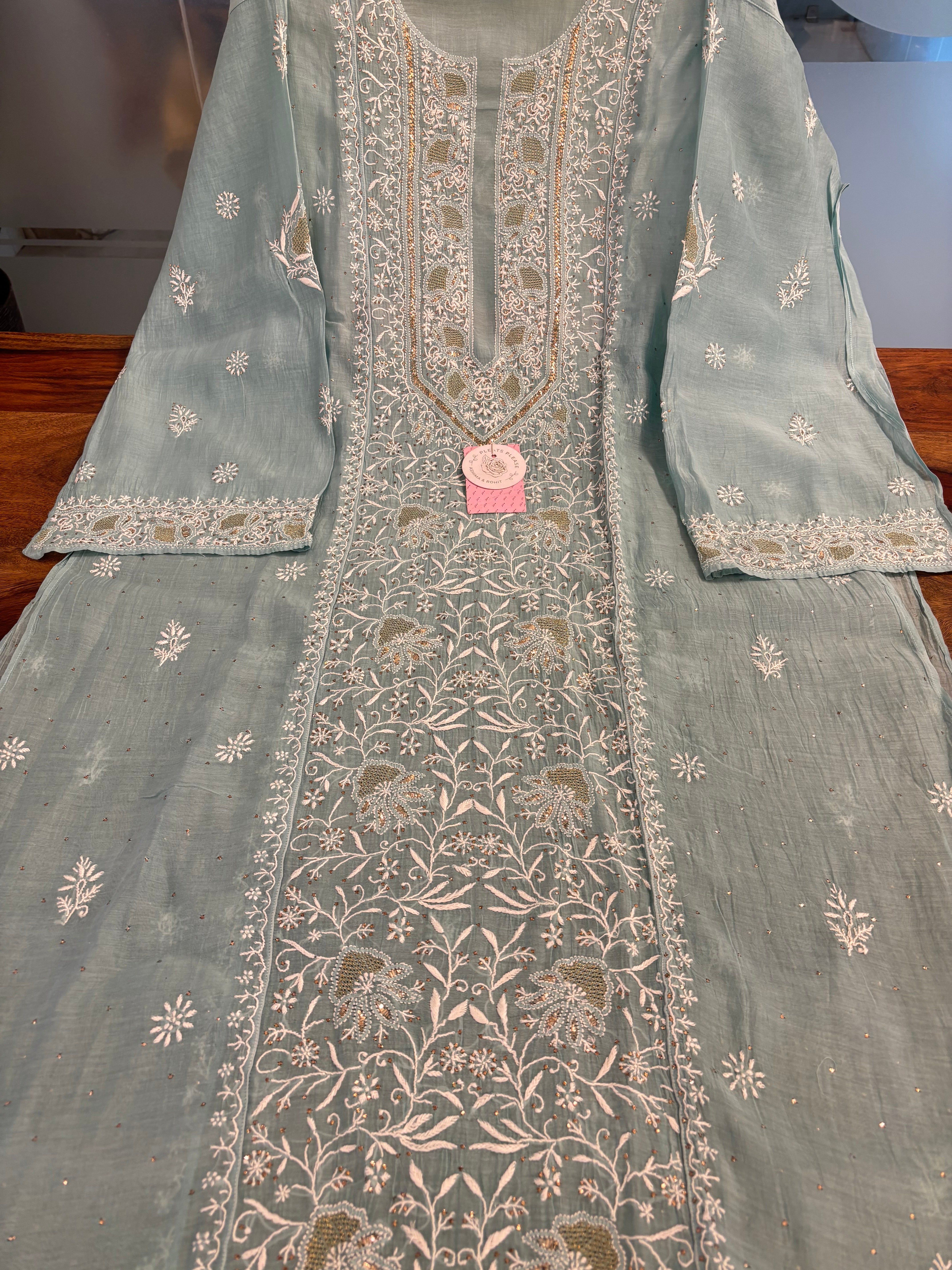 Aqua Blue Chanderi Mul Mukaish & Chikankari Kurta & Dupatta
