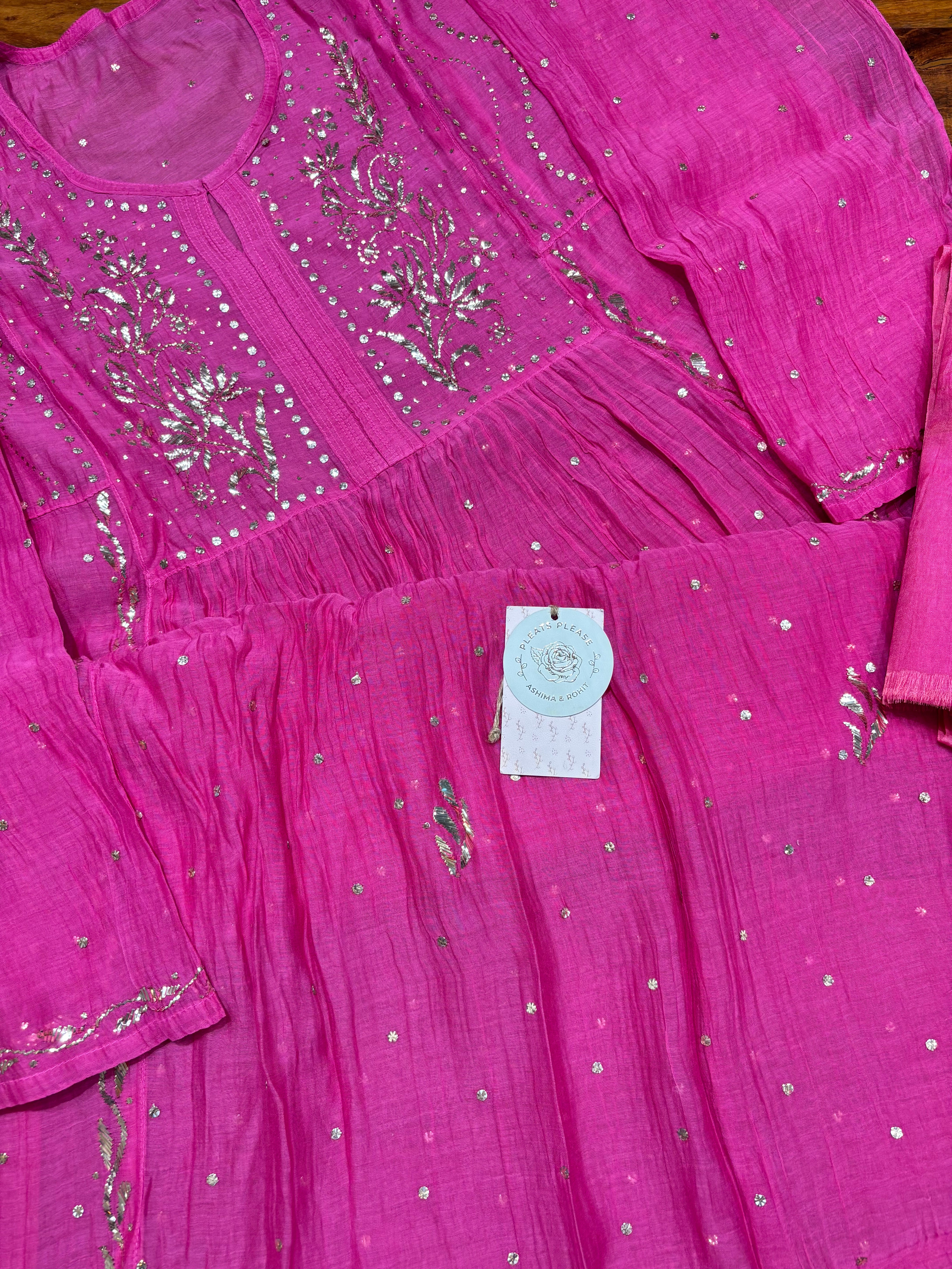 Magenta Pink Chanderi Mul Mukaish Tunic Kurta and dupatta Set
