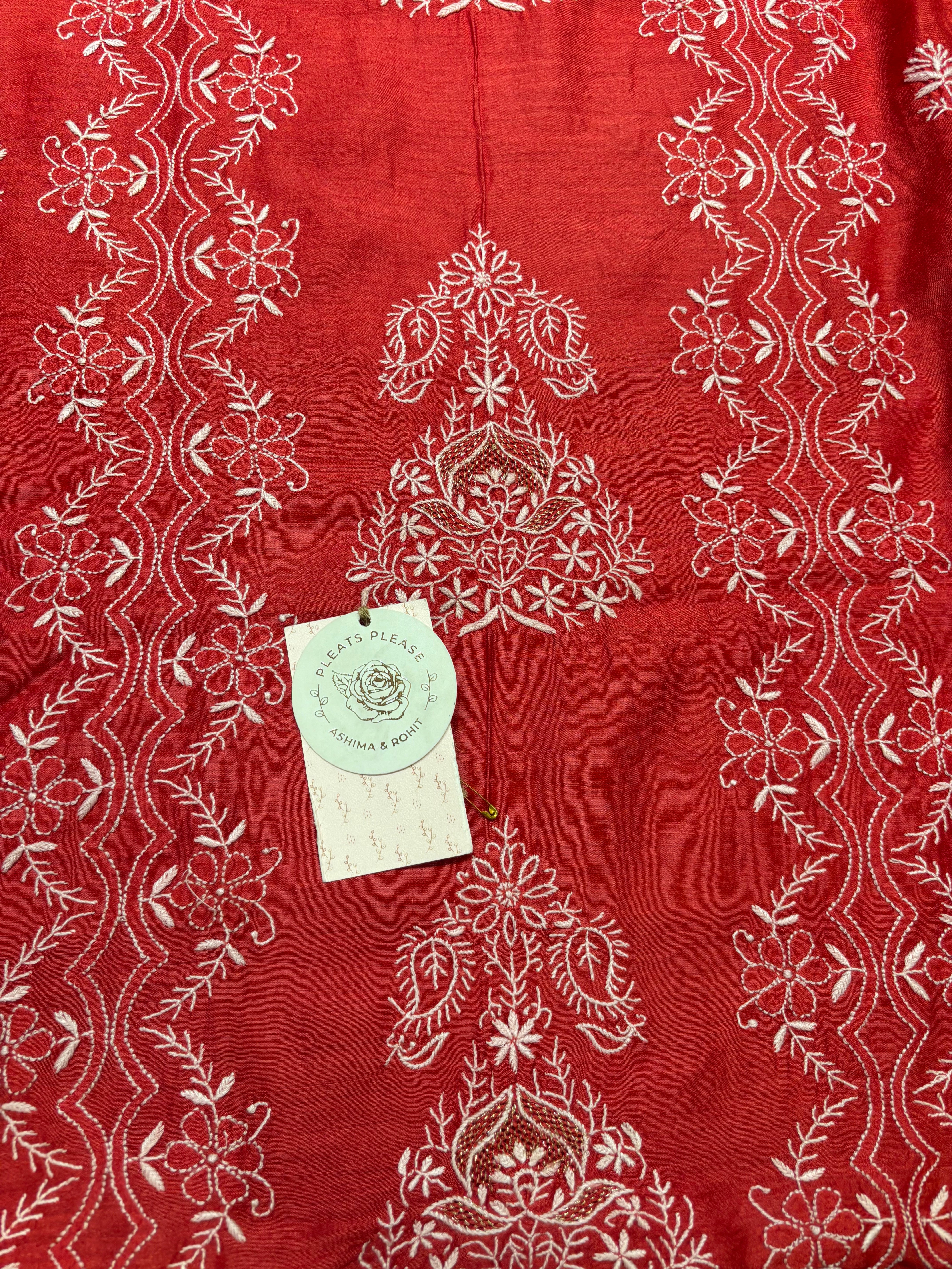 Crimson Red Monga Silk Chikankari Kurta And Dupatta Fabric