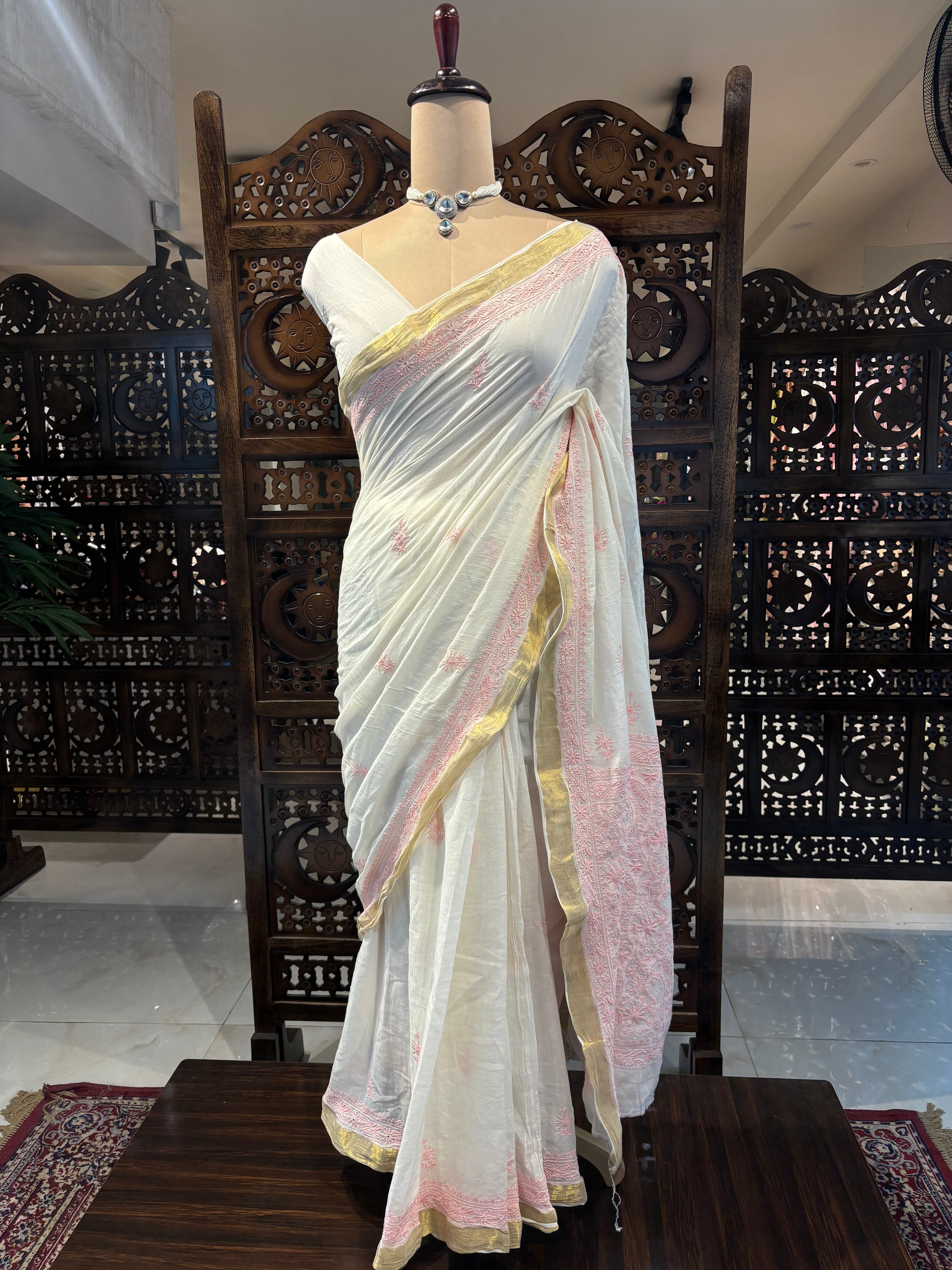 Dyeable Pure Chanderi Mul Chikankari Saree