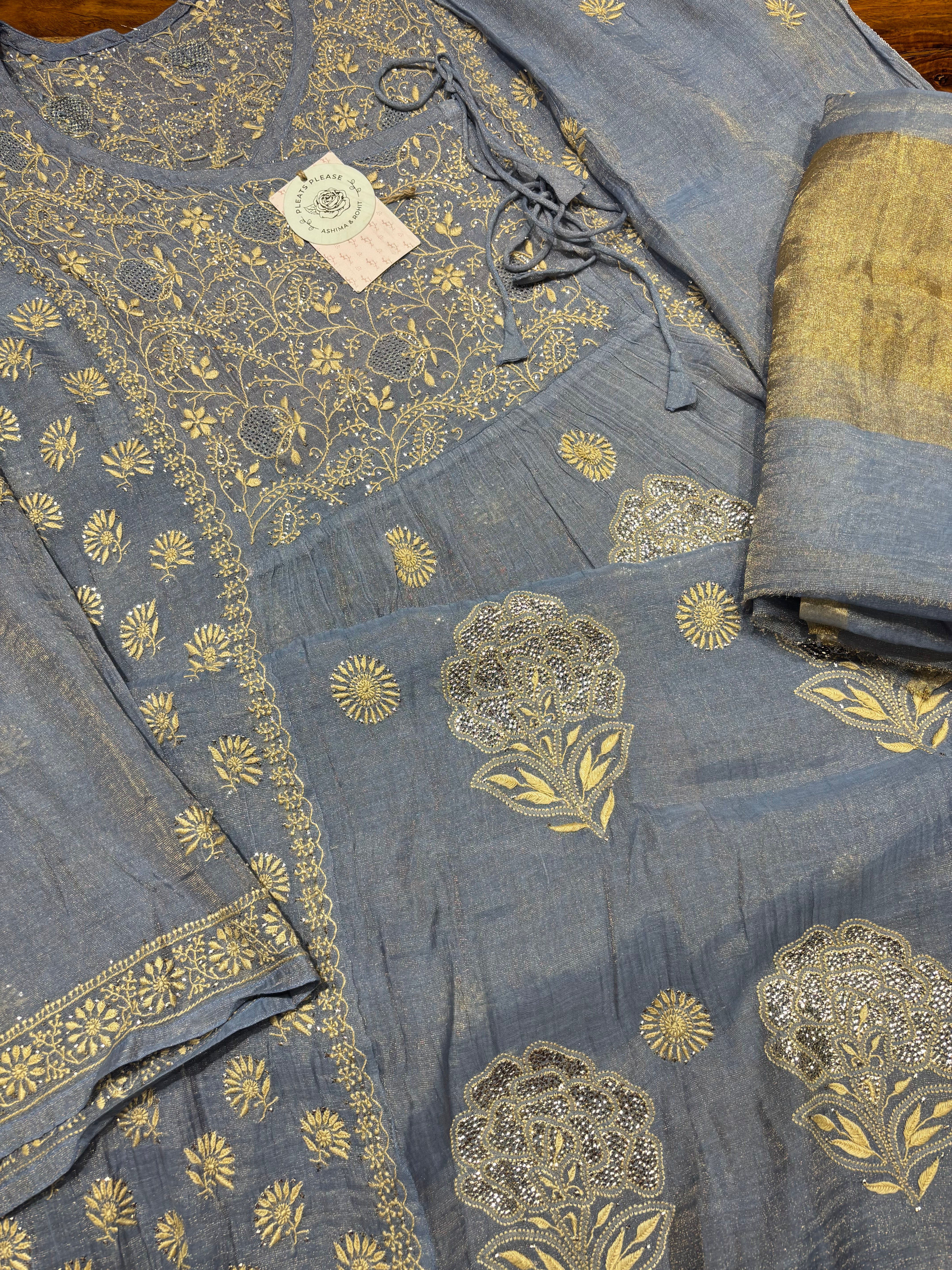 Blue Pure and Premium Tissue Chikankari & Mukaish Angrakha Kurta and Dupatta Set