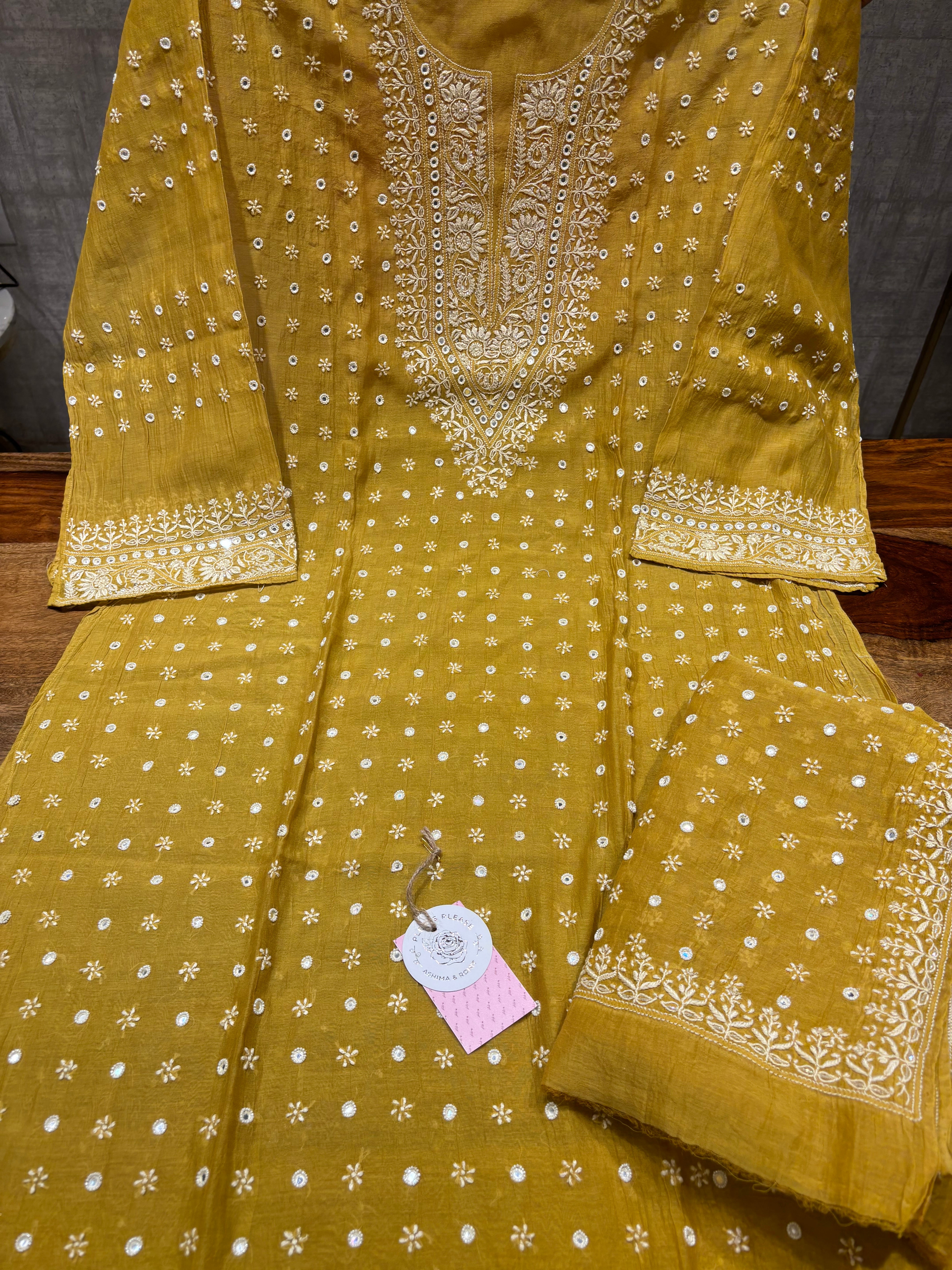 Mustard Chanderi Mul Chikankari Kurta and Dupatta Set
