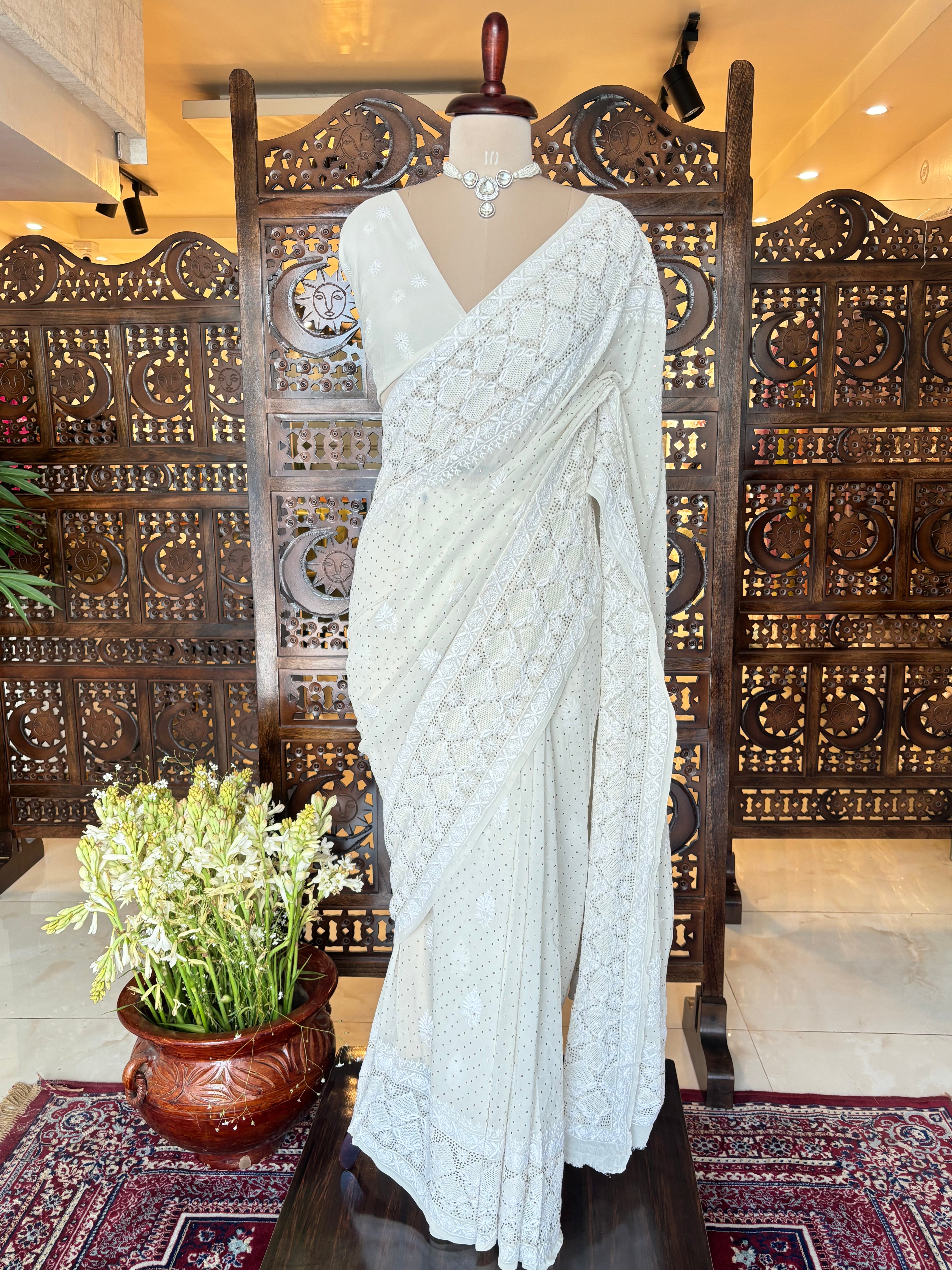 Dyeable Pure & Premium Georgette Mukaish Chikankari Saree