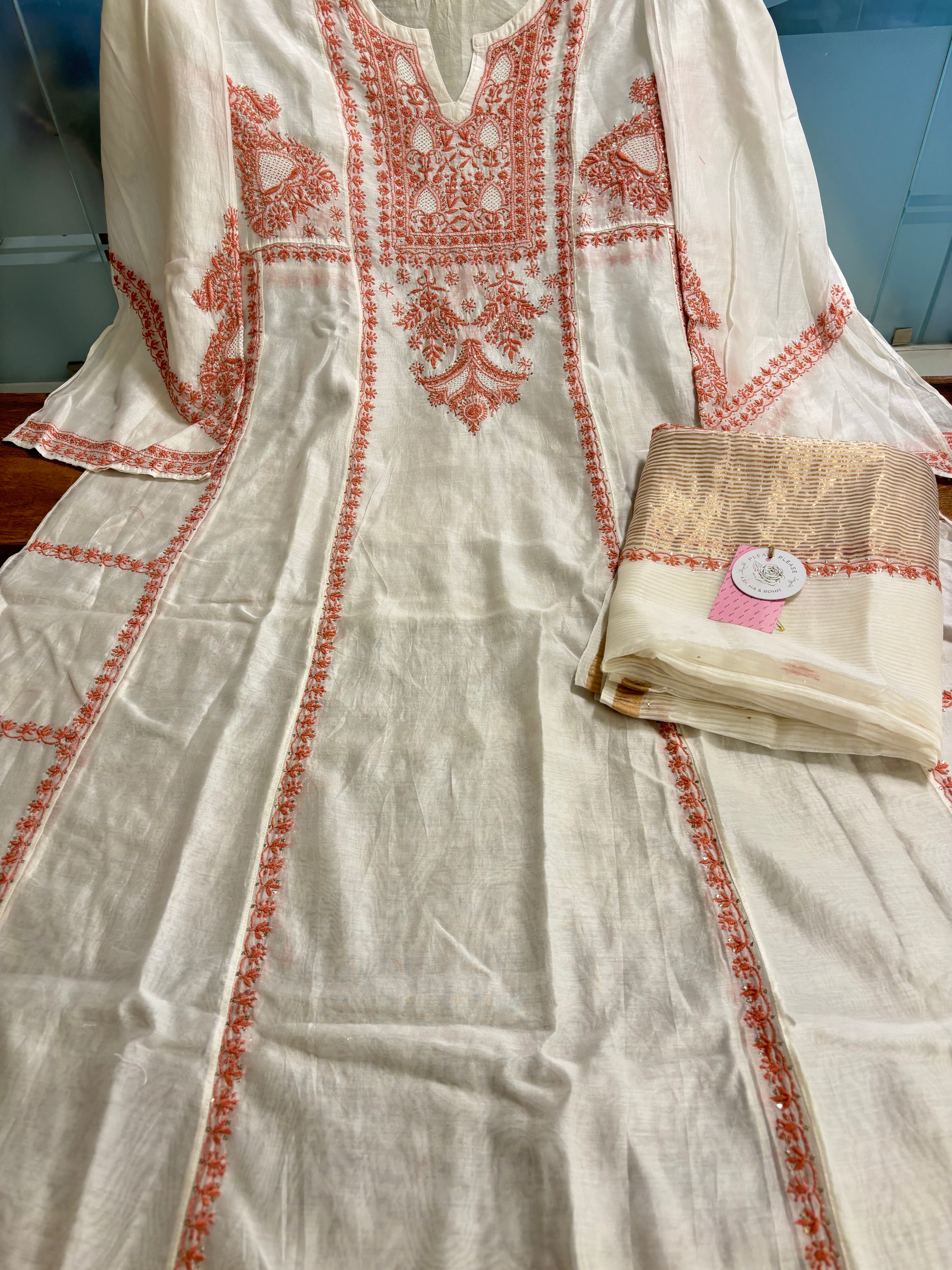 Dyeable Chanderi Chikankari Mukaish Anarkali & Dupatta Set