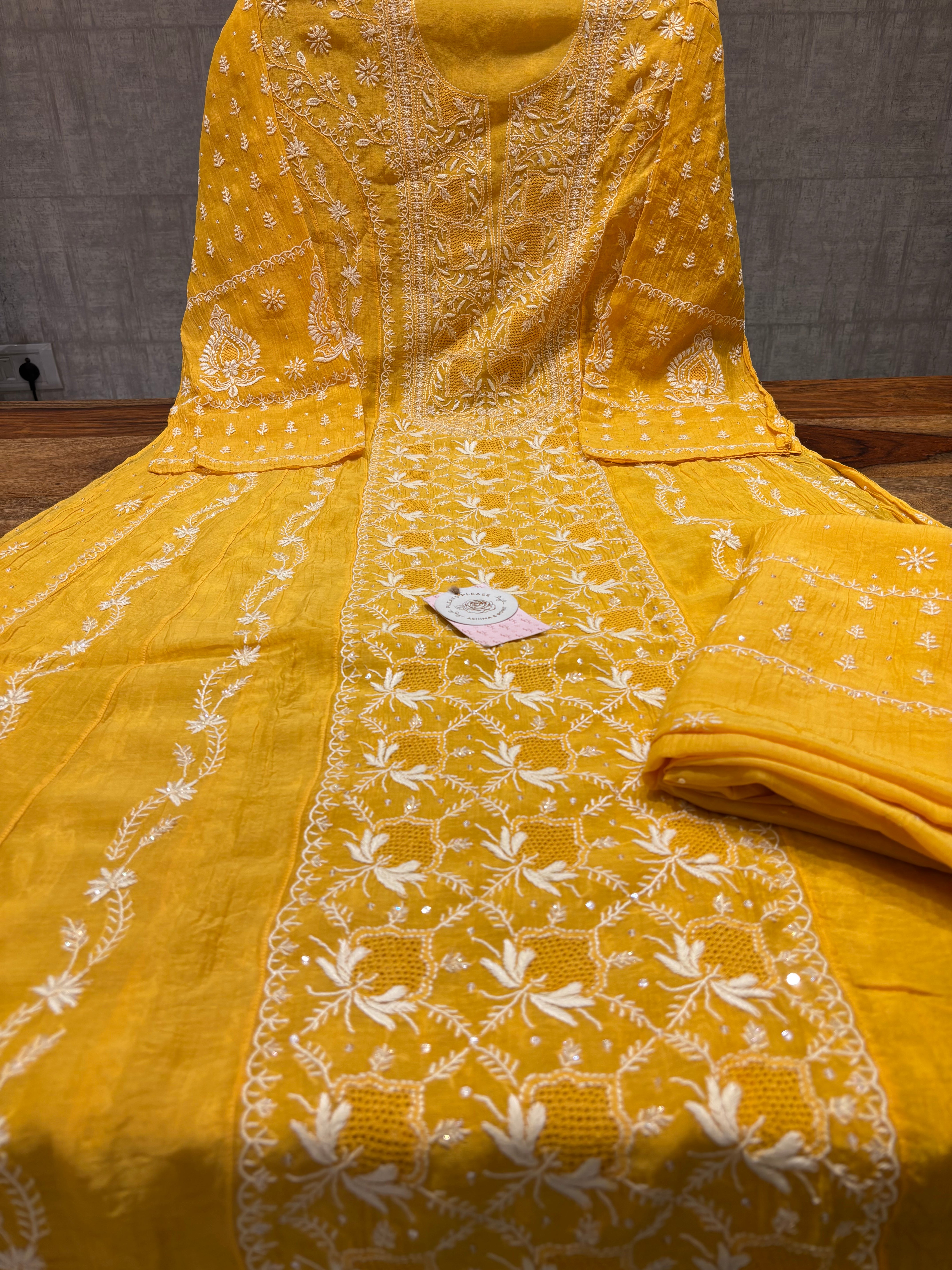 Yellow Chanderi Mul Chikankari Anarkali & Dupatta Set