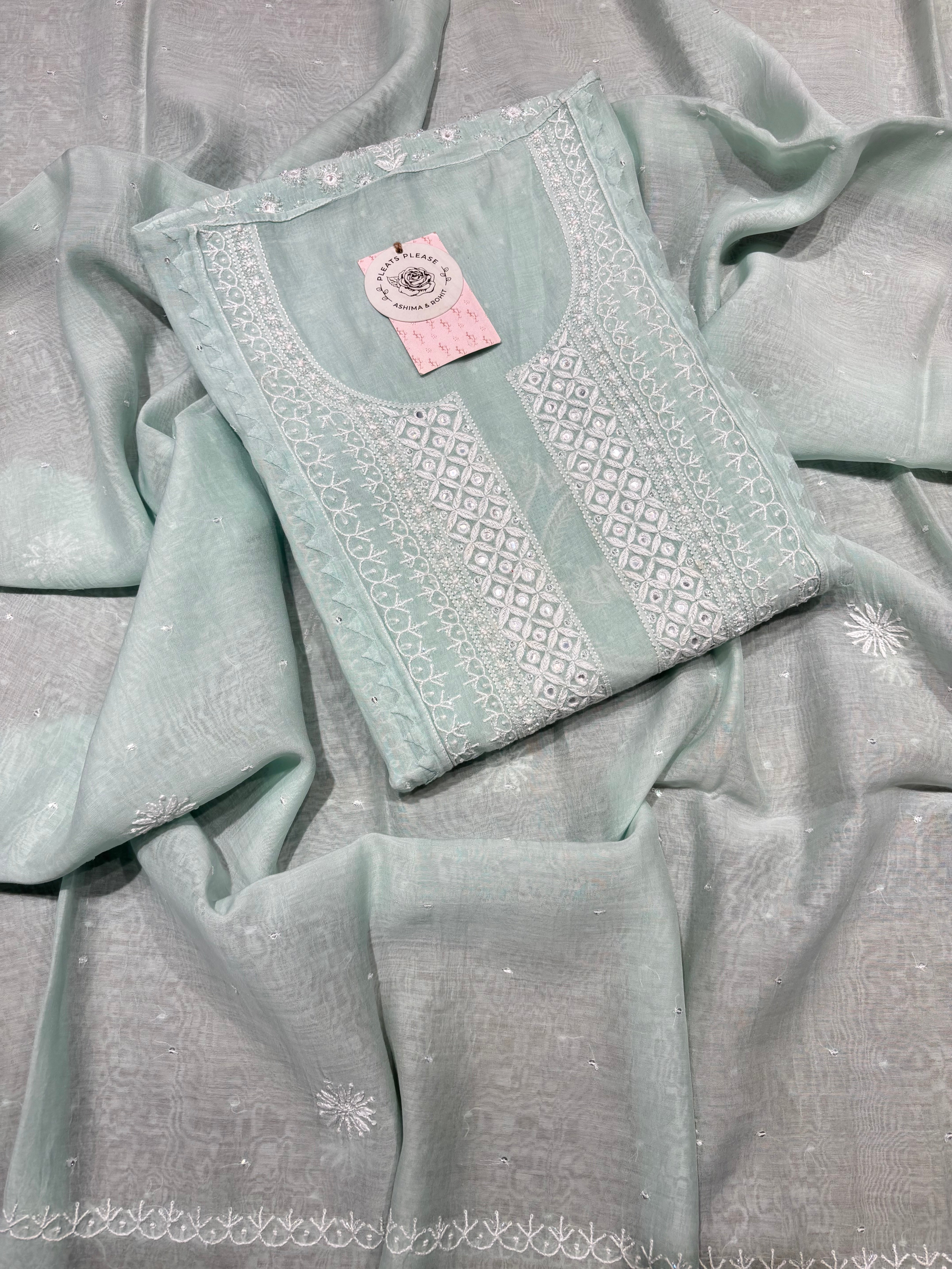 Mint Green Chanderi Mul Chikankari Kurta and Dupatta Set