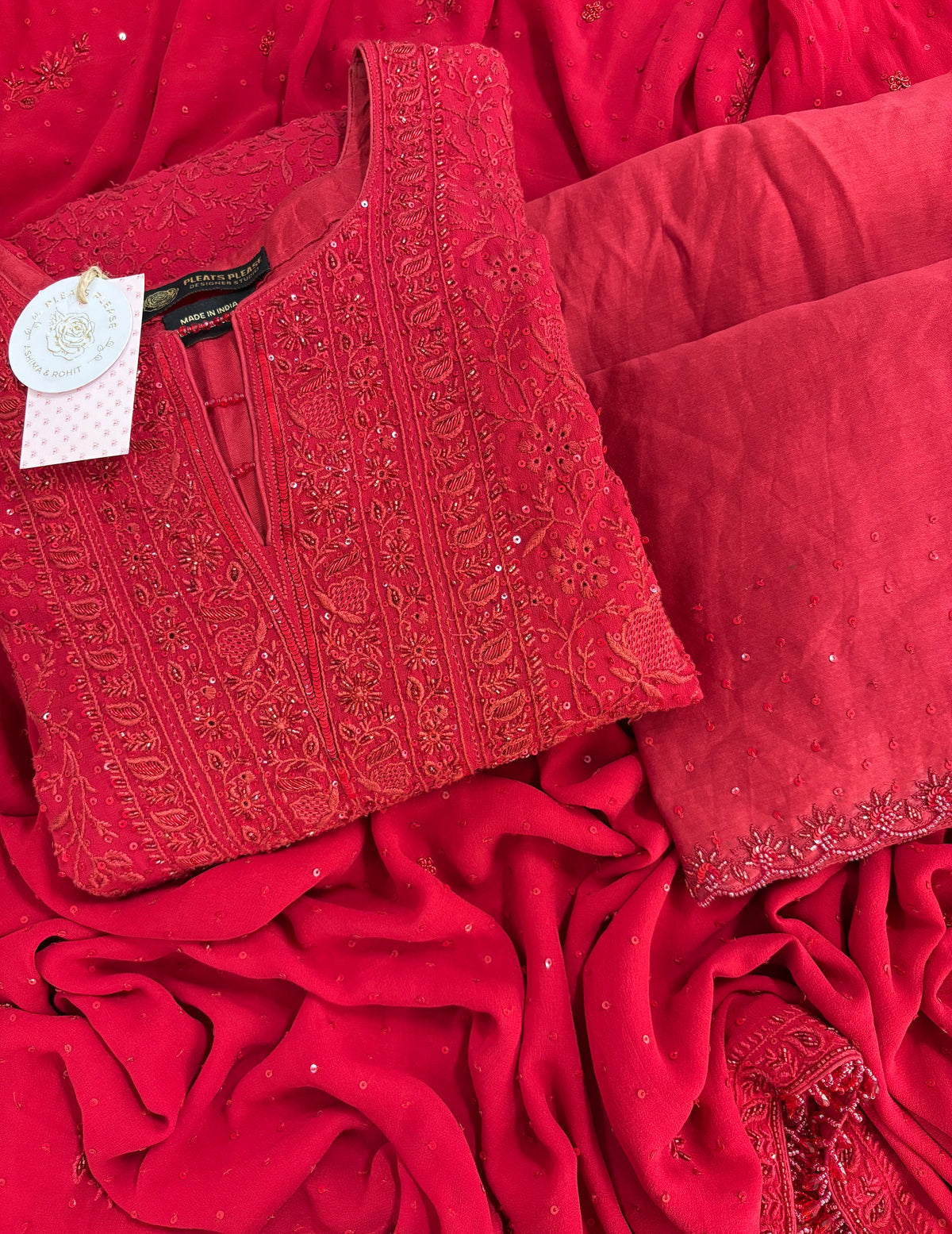 Deep Red Pure & Premium Georgette Chikankari Kurta, Dupatta With Bottom
