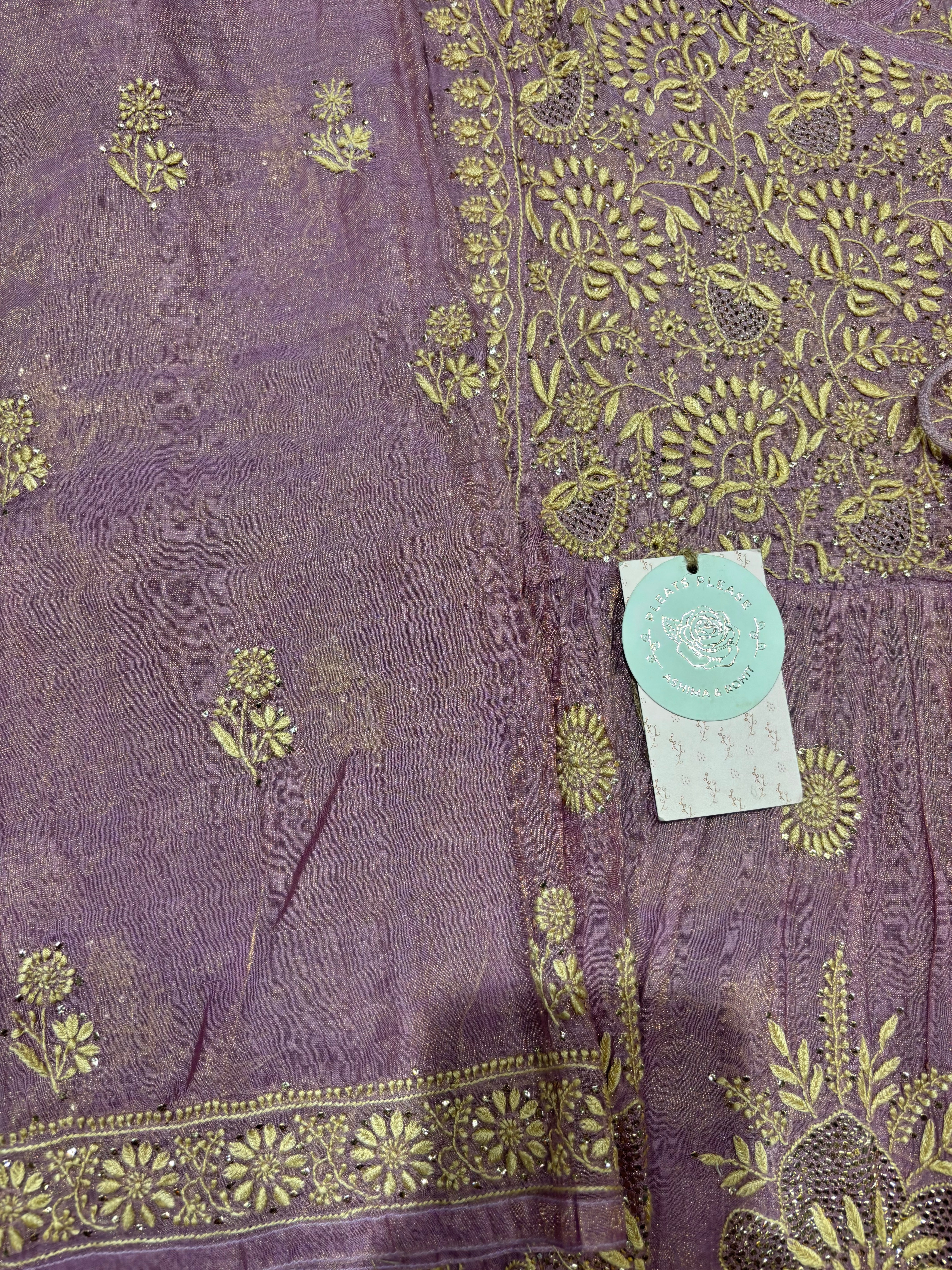 Lilac pure and premium Tissue Chikankari Angrakha Kurta and Dupatta Set