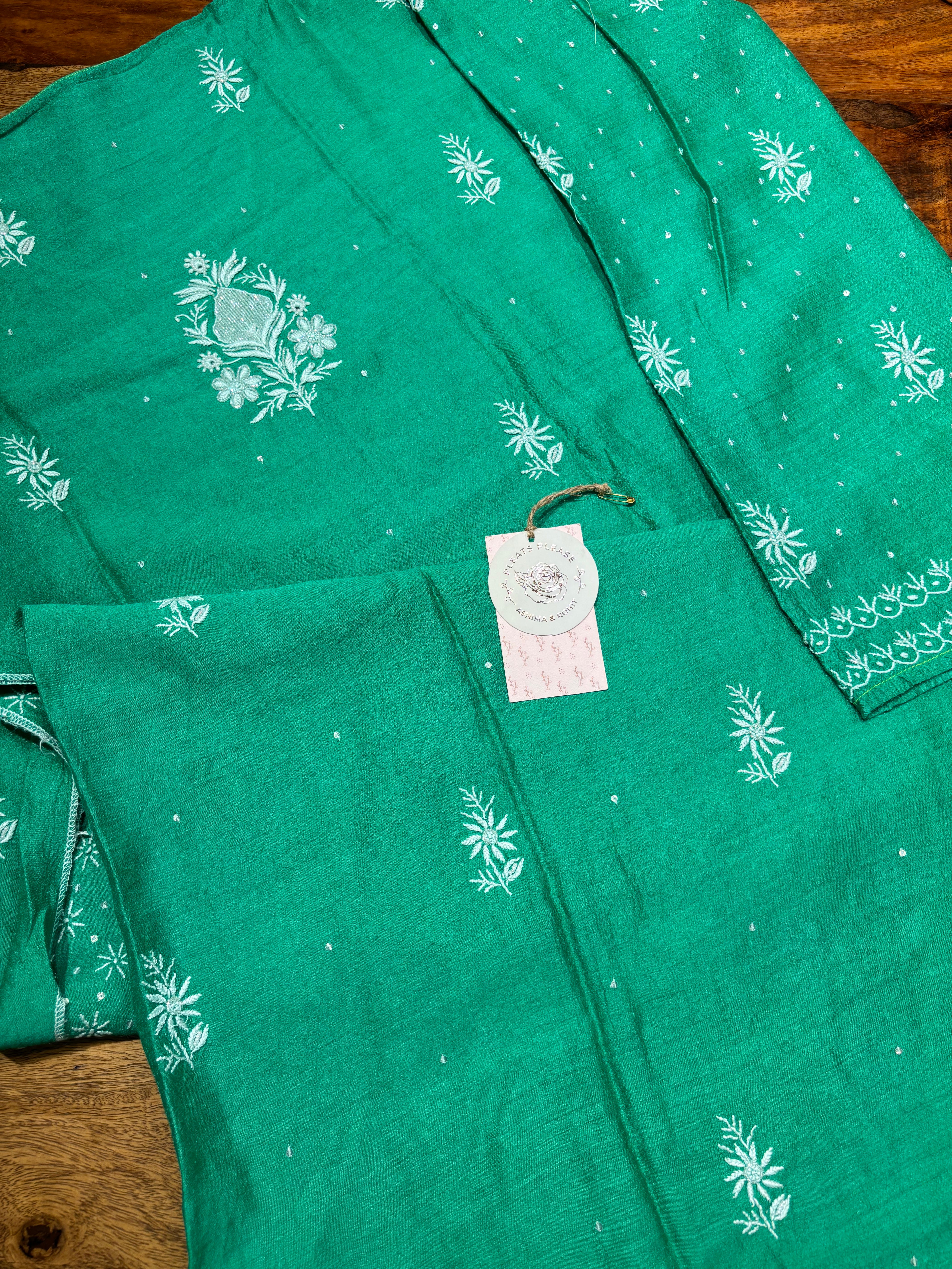Green Monga silk Chikankari Kurta and Dupatta set