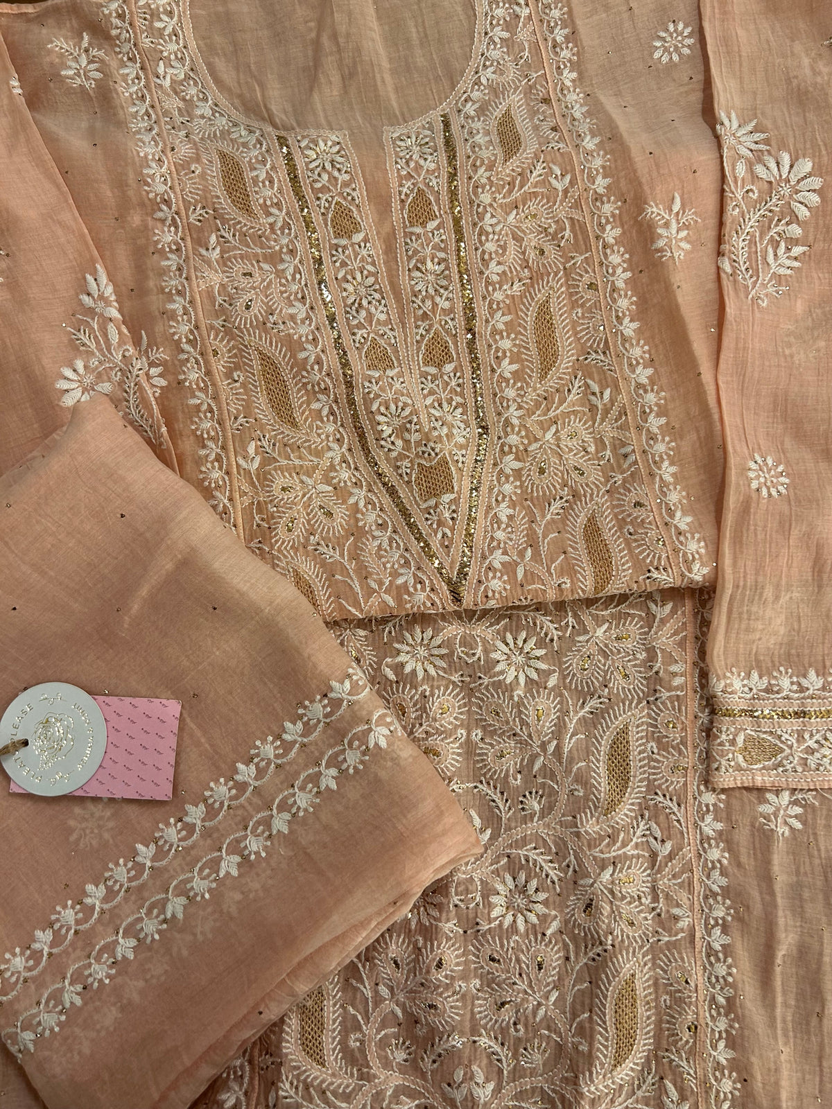Peach Chanderi Chikankari Mukaish Kurta & Dupatta