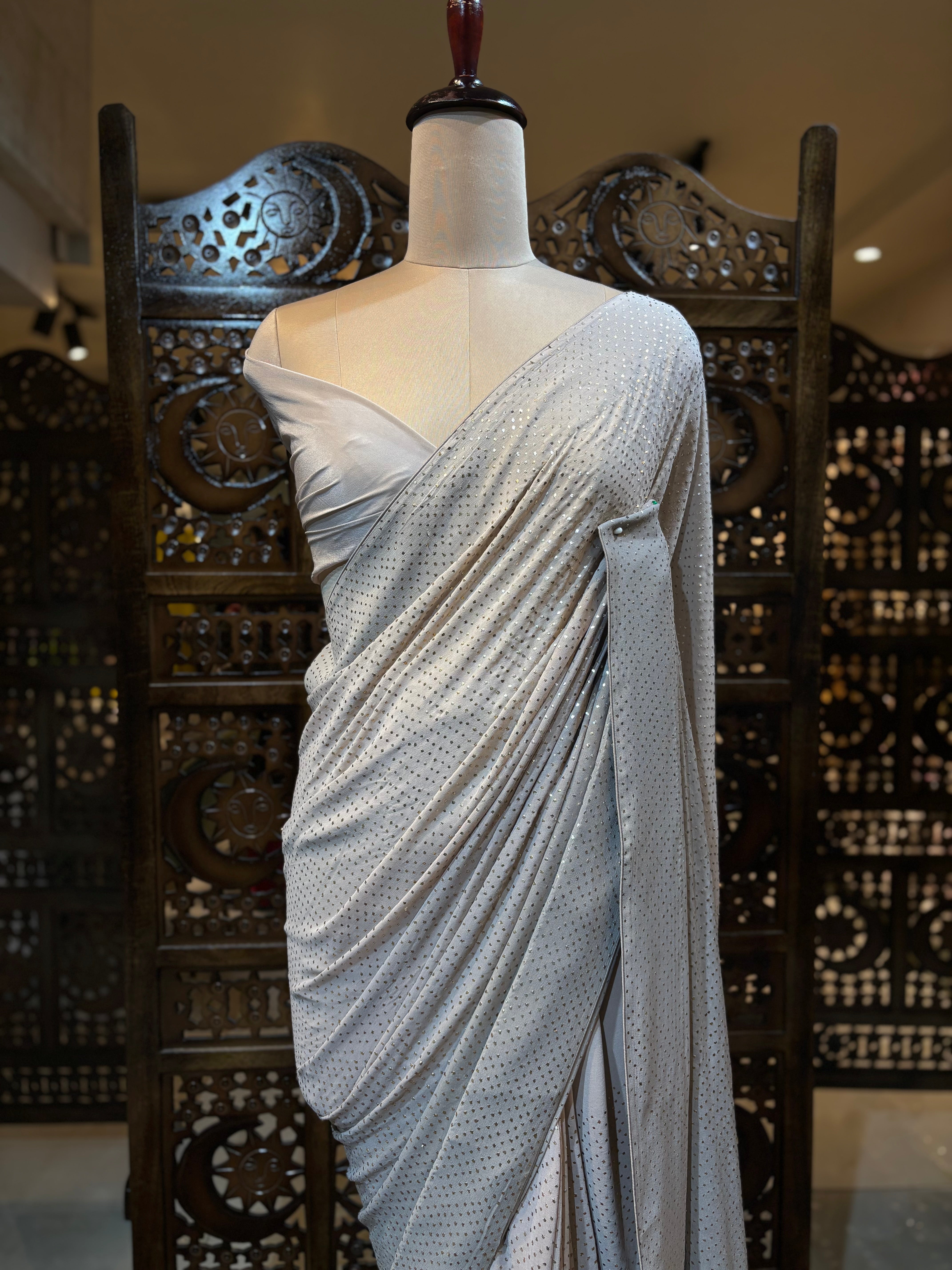 Hazelnut Ombre Pure & Premium Georgette Mukaish Saree & Blouse - Pleats PleaseChikankari