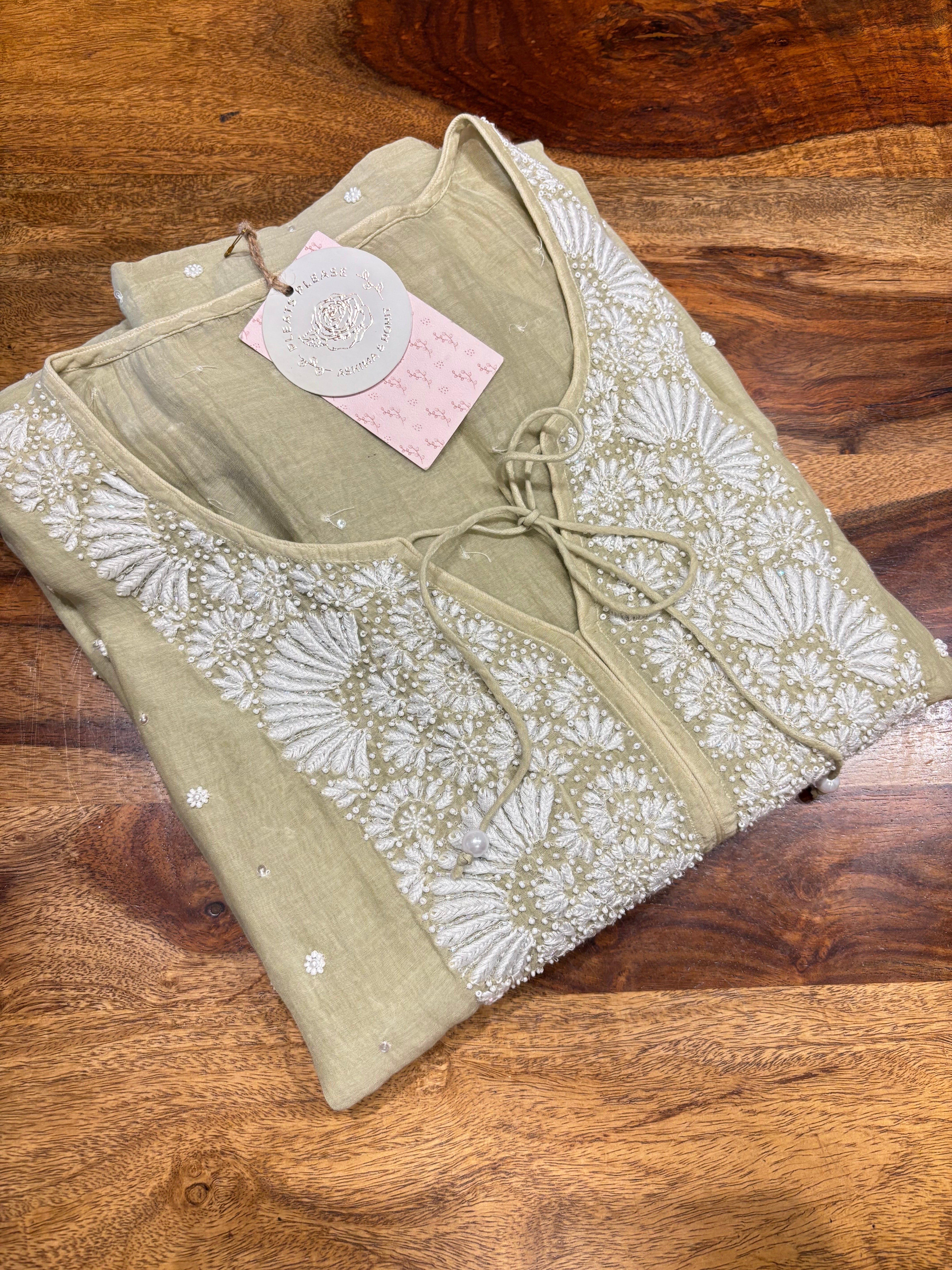 Olive Green Chanderi Mul Chikankari Kaftan