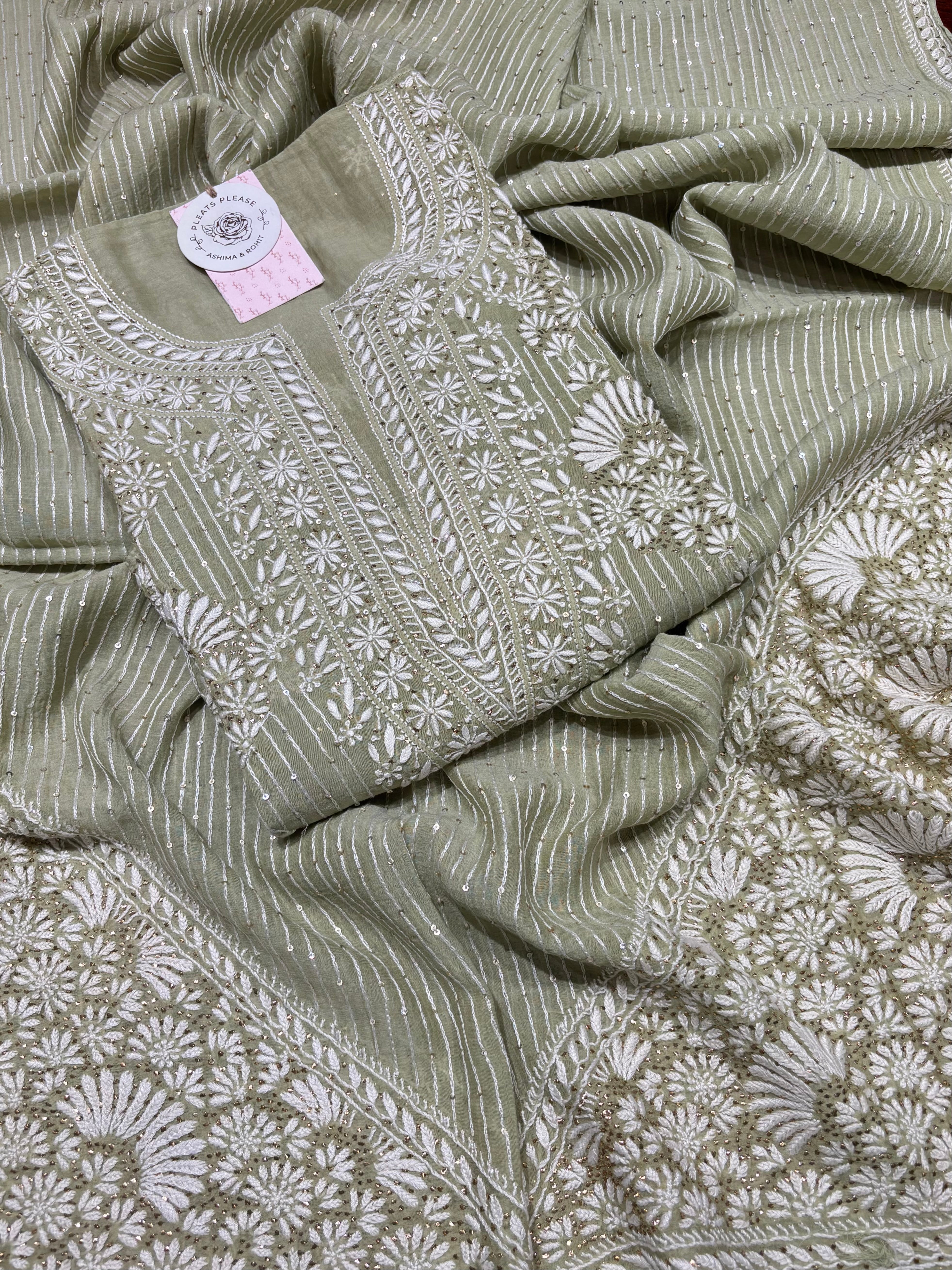 Green Chanderi Mul Chikankari & Mukaish Kurta & Dupatta Set