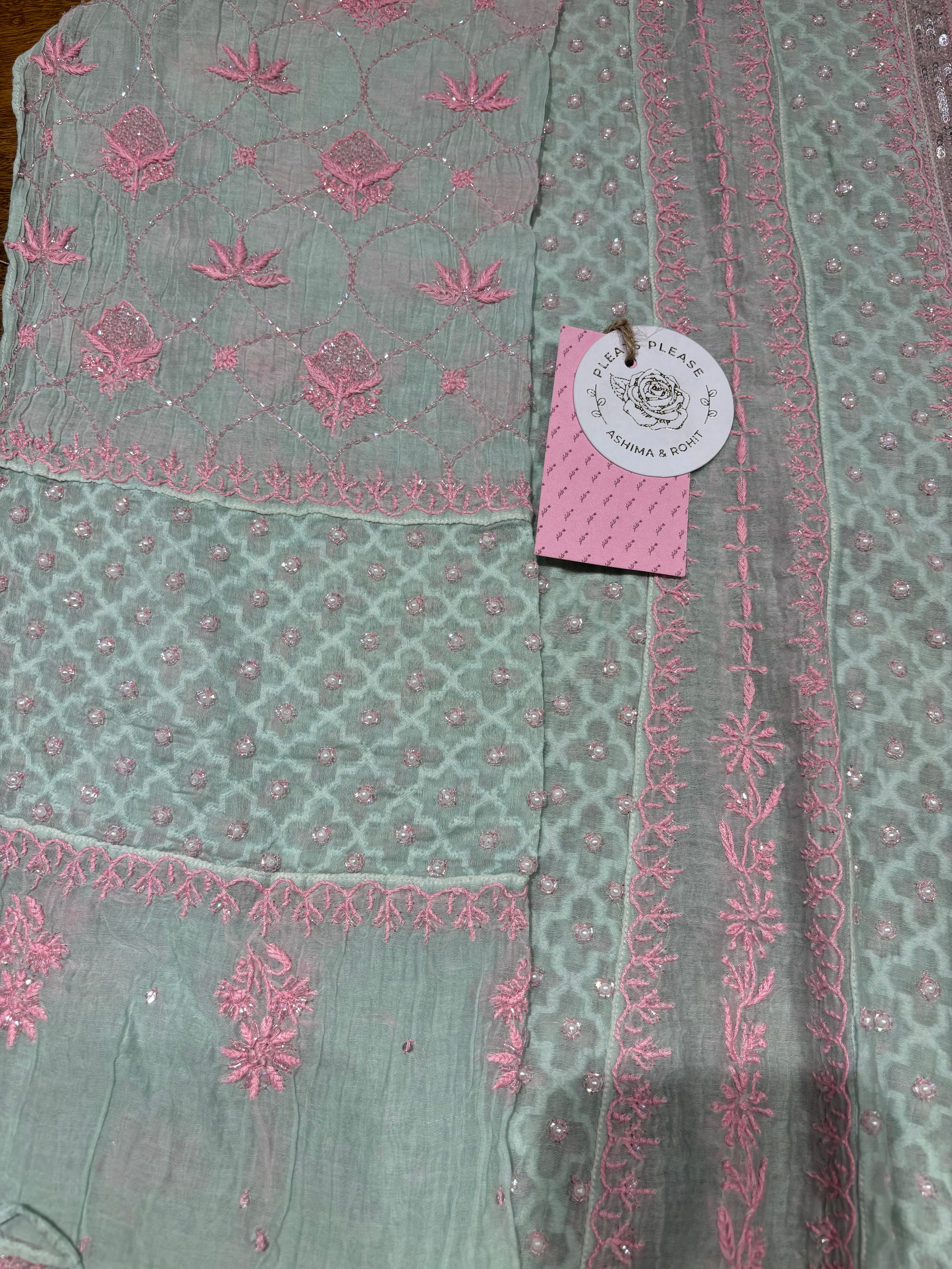 Mint Green Chanderi Mul Chikankari Anarkali & Dupatta Set