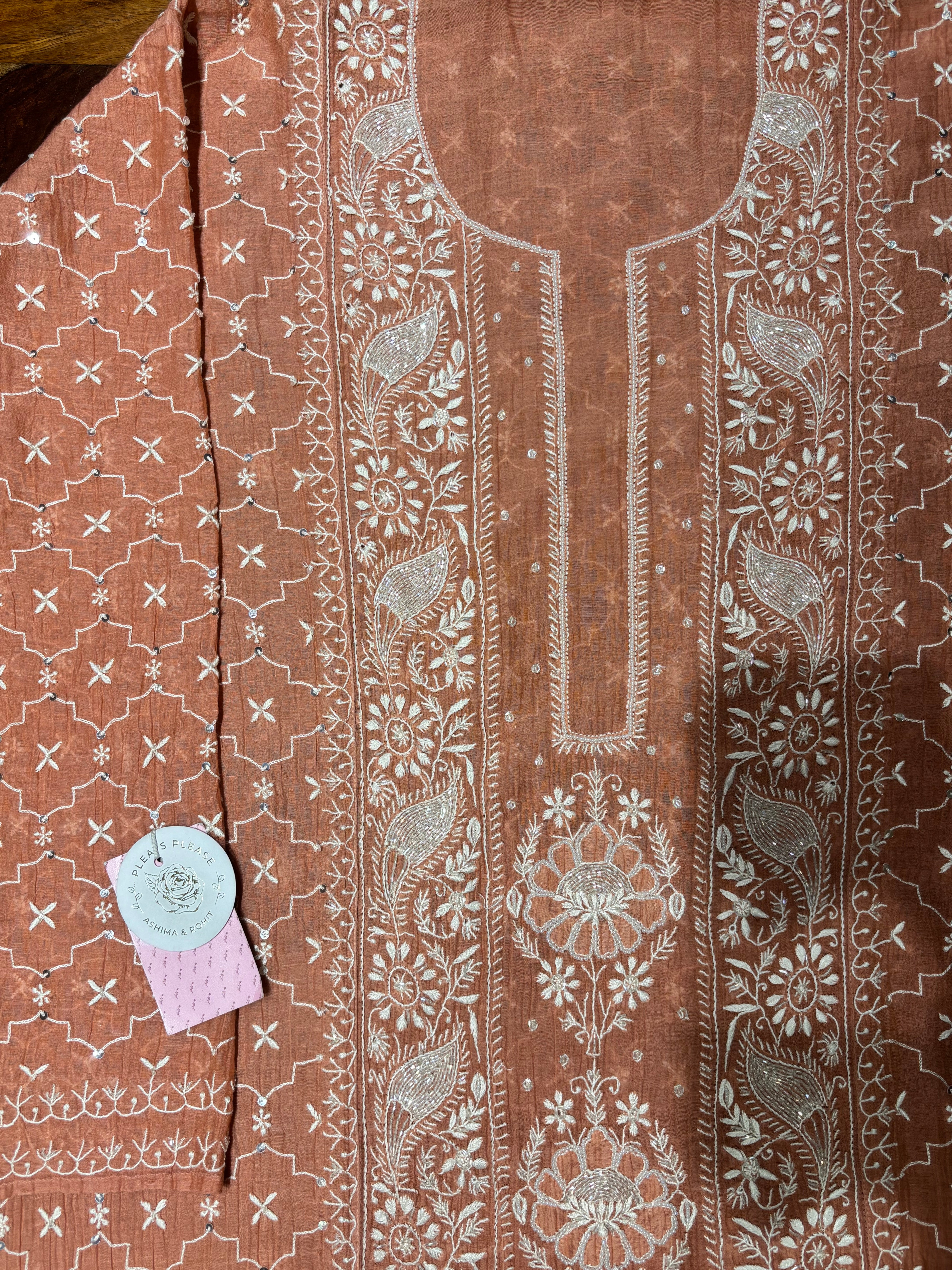 Peach Pure Chanderi Mul Chikankari Kurta & Dupatta
