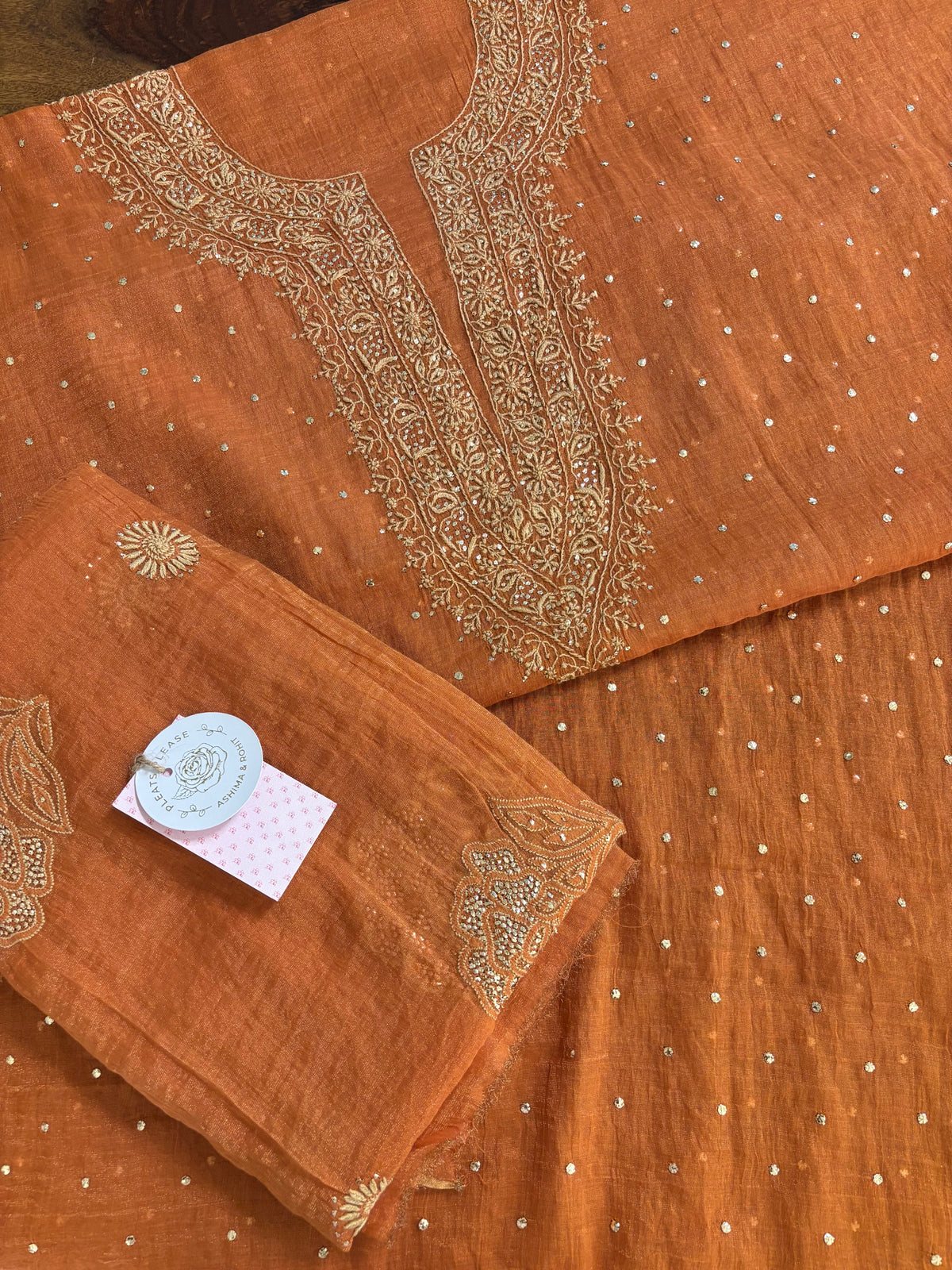 Burnt Orange Pure & Premium Tissue Chikankari Mukaish Kurta & Dupatta