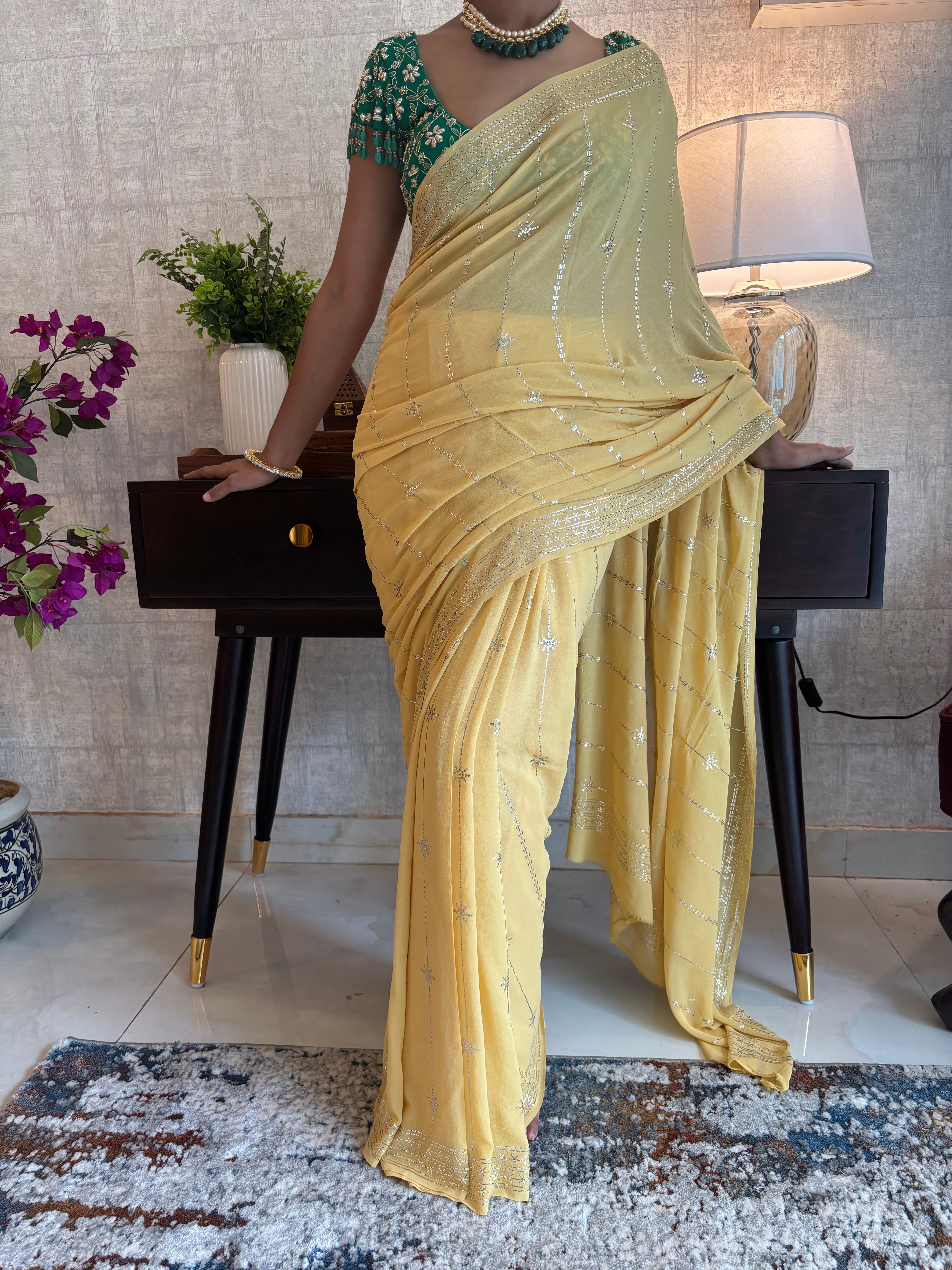 Macaroon Pure And Premium Georgette Mukaish Saree And Blouse