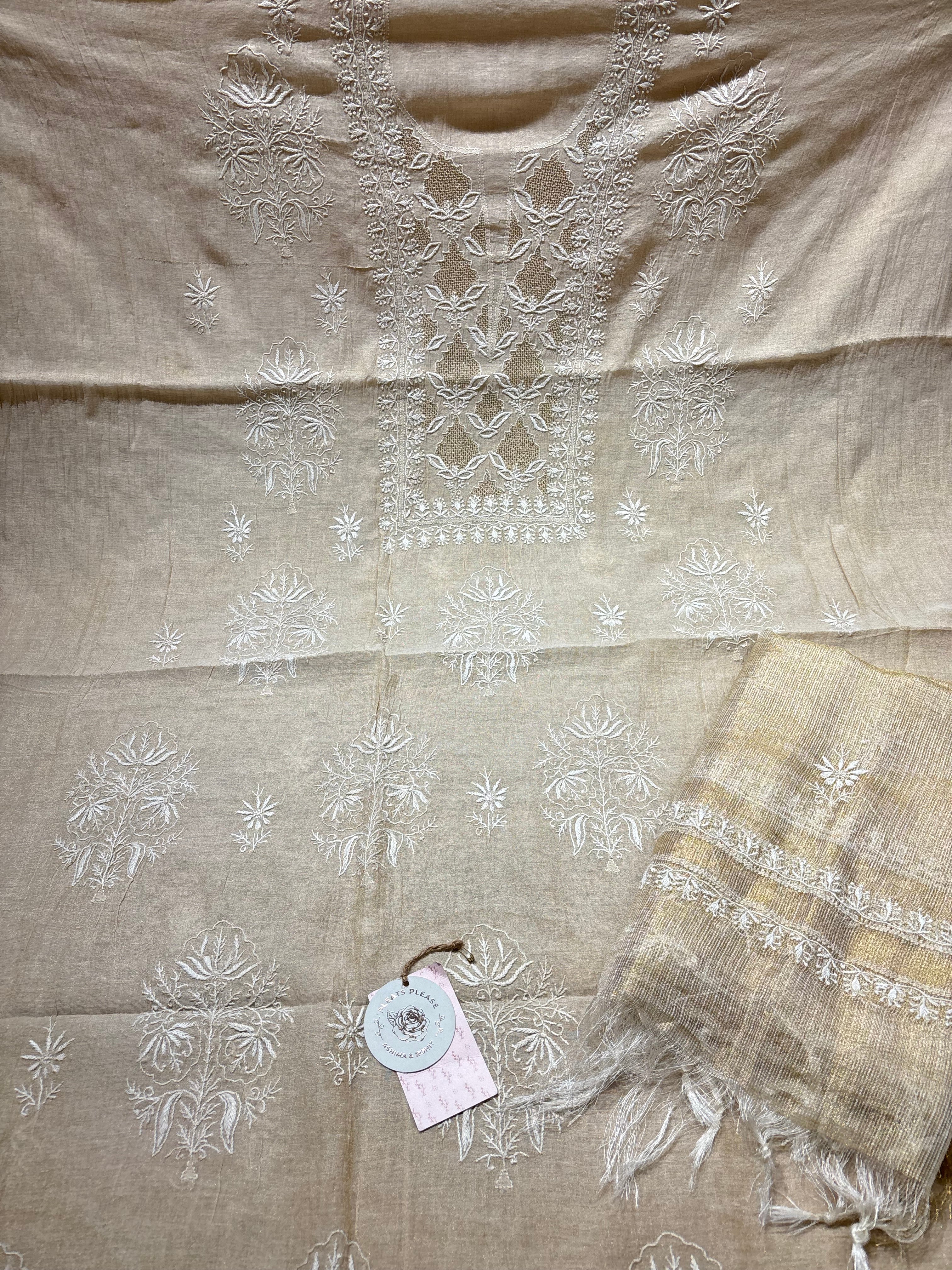 Dyeable Golden Tissue Chikankari Kurta & Dupatta Fabric