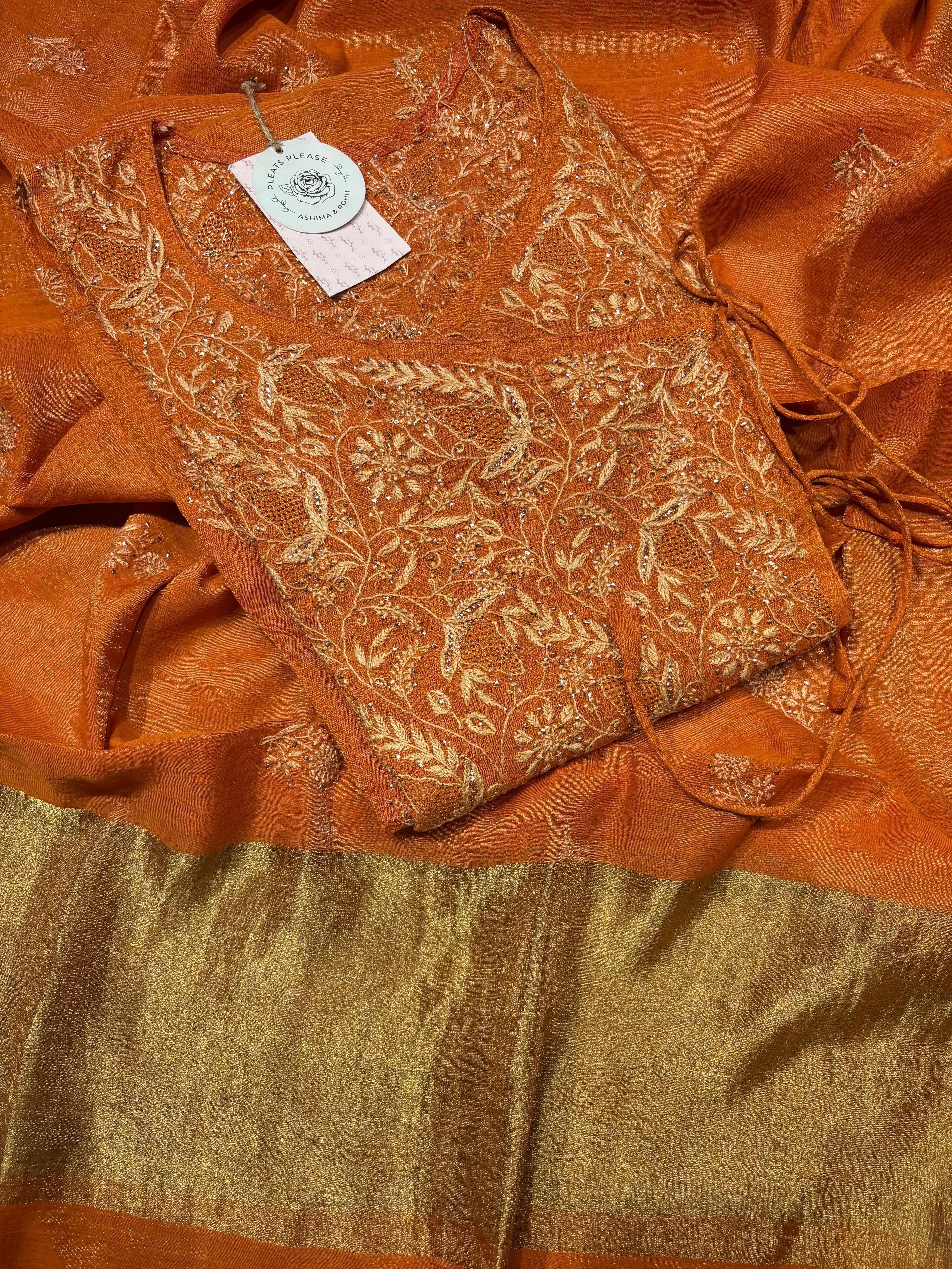 Burnt Orange Pure Tissue Chikankari Angrakha Kurta and Dupatta set