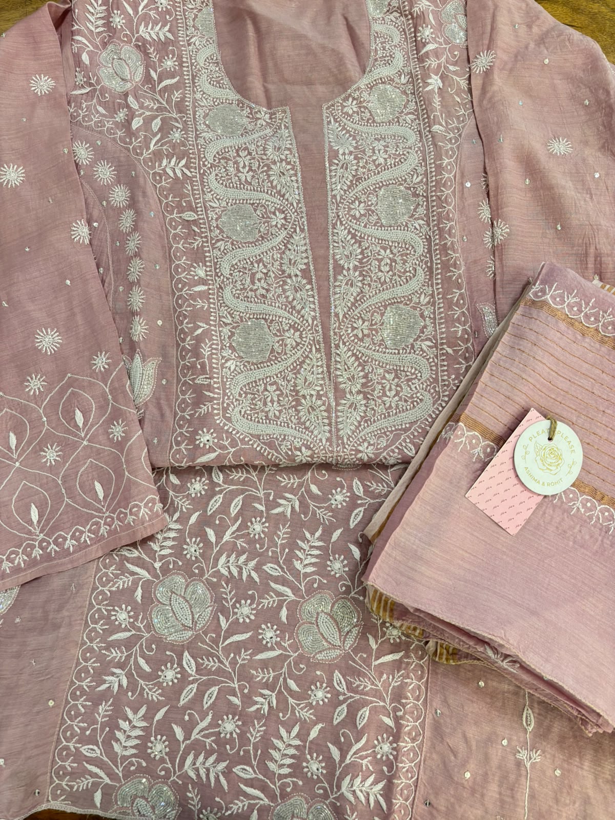 Baby Pink Pure Monga Silk Chikankari Anarakli & Dupatta