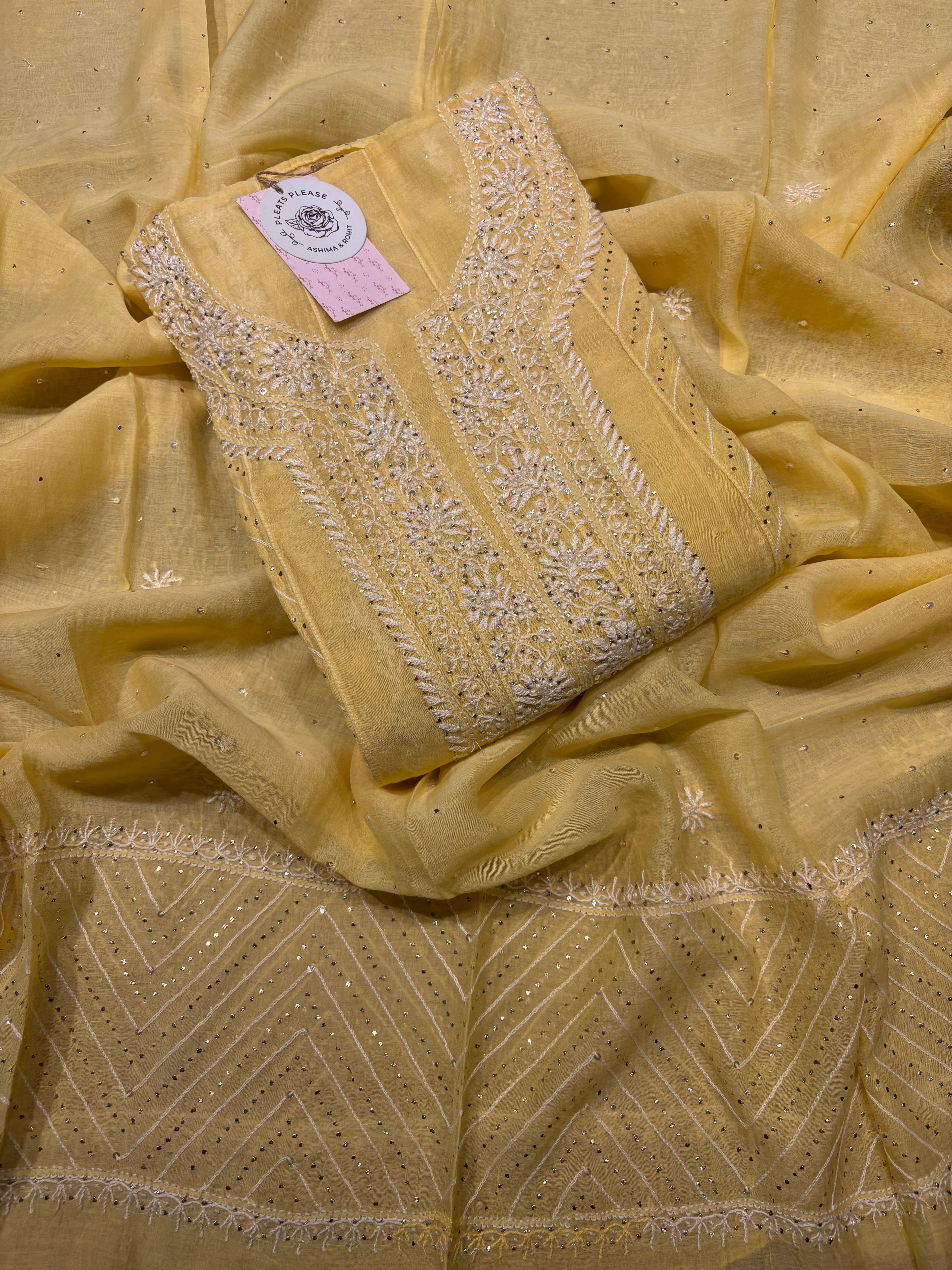 Yellow Chanderi Mul Chikankari & Mukaish Anarkali And Dupatta set