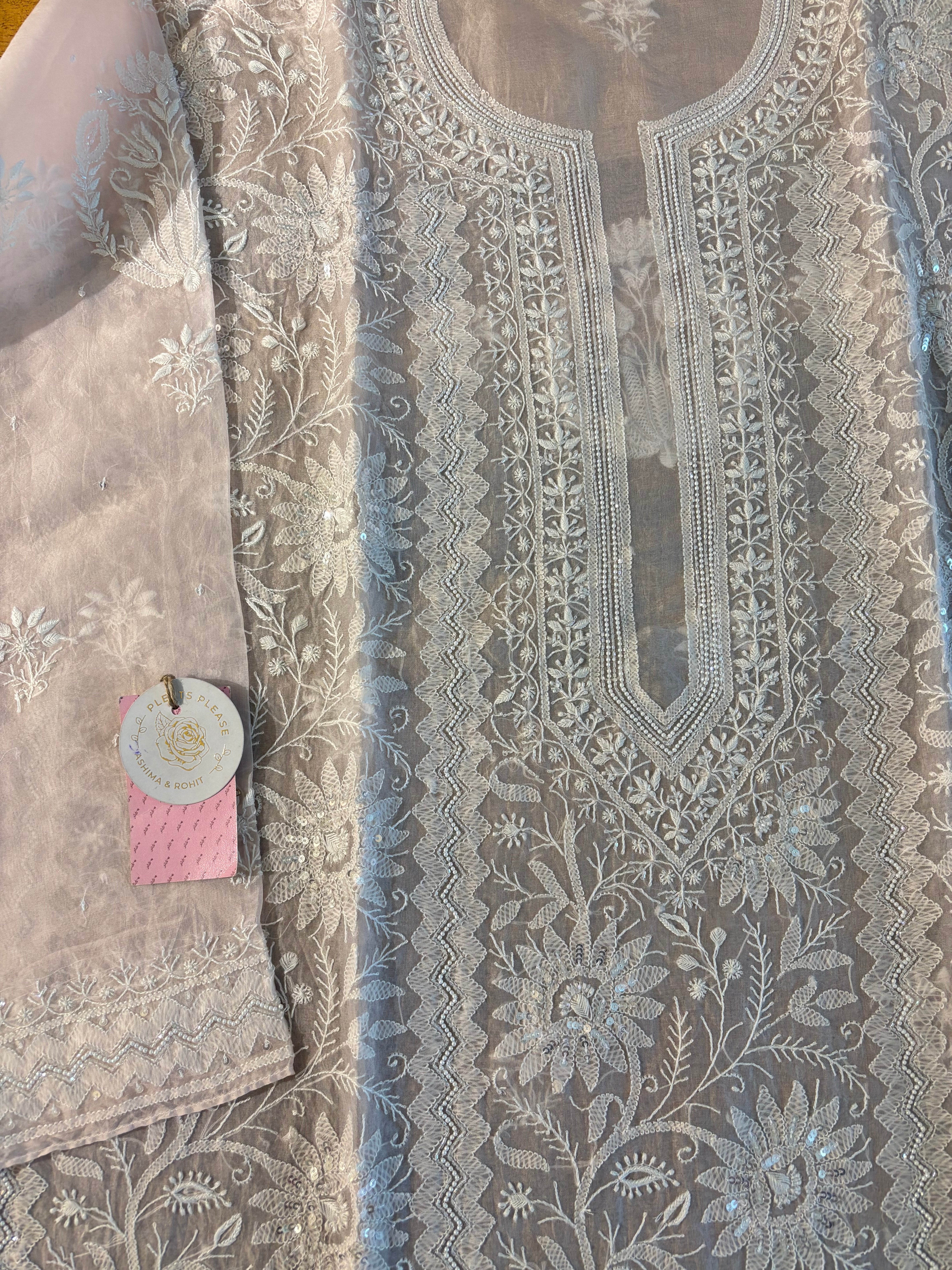 Baby pink Organza Silk Chikankari Kurta & Dupatta