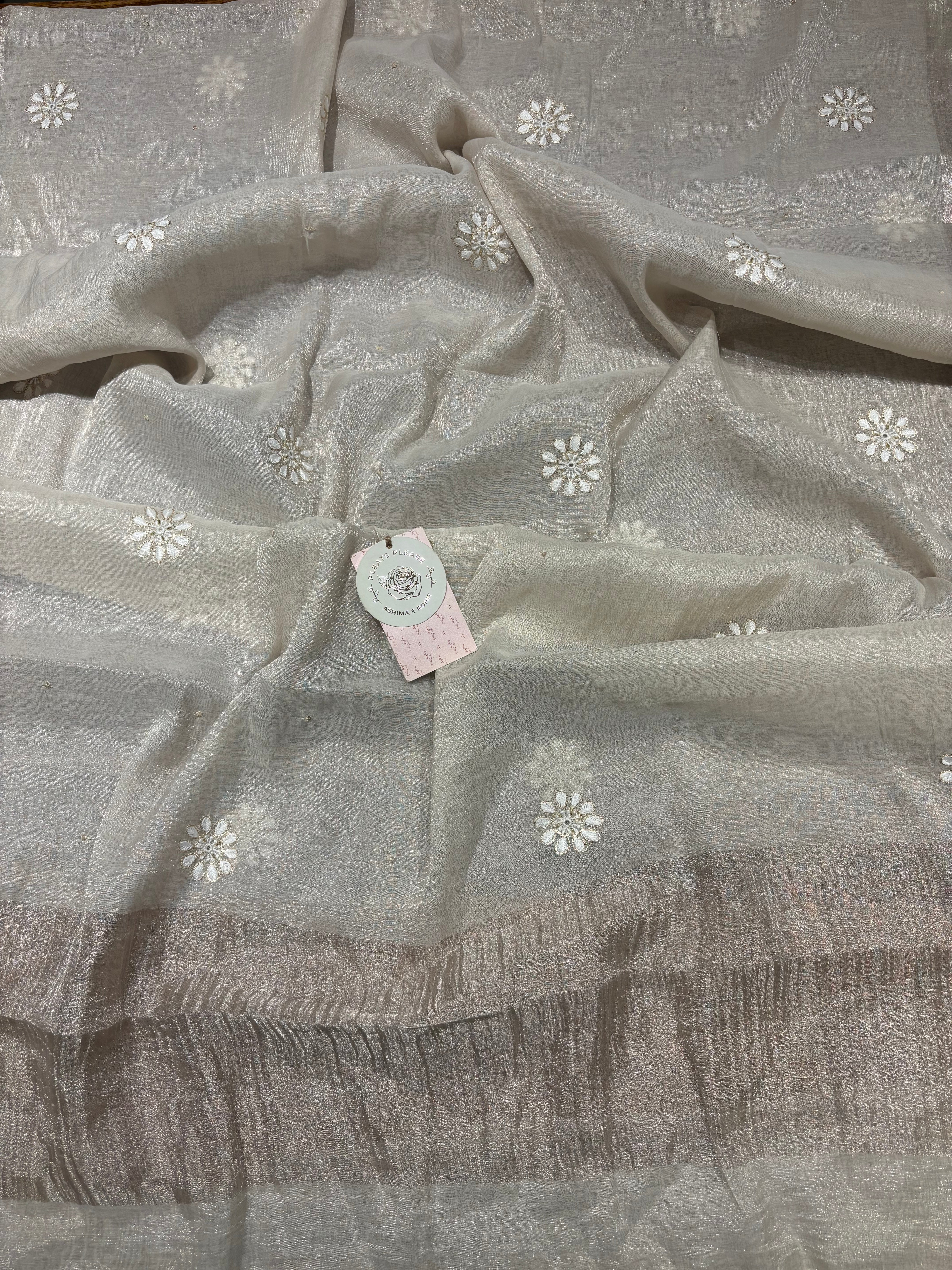 Dyeable Pure & Premium Silver Tissue Chikankari Kurta & Dupatta Set