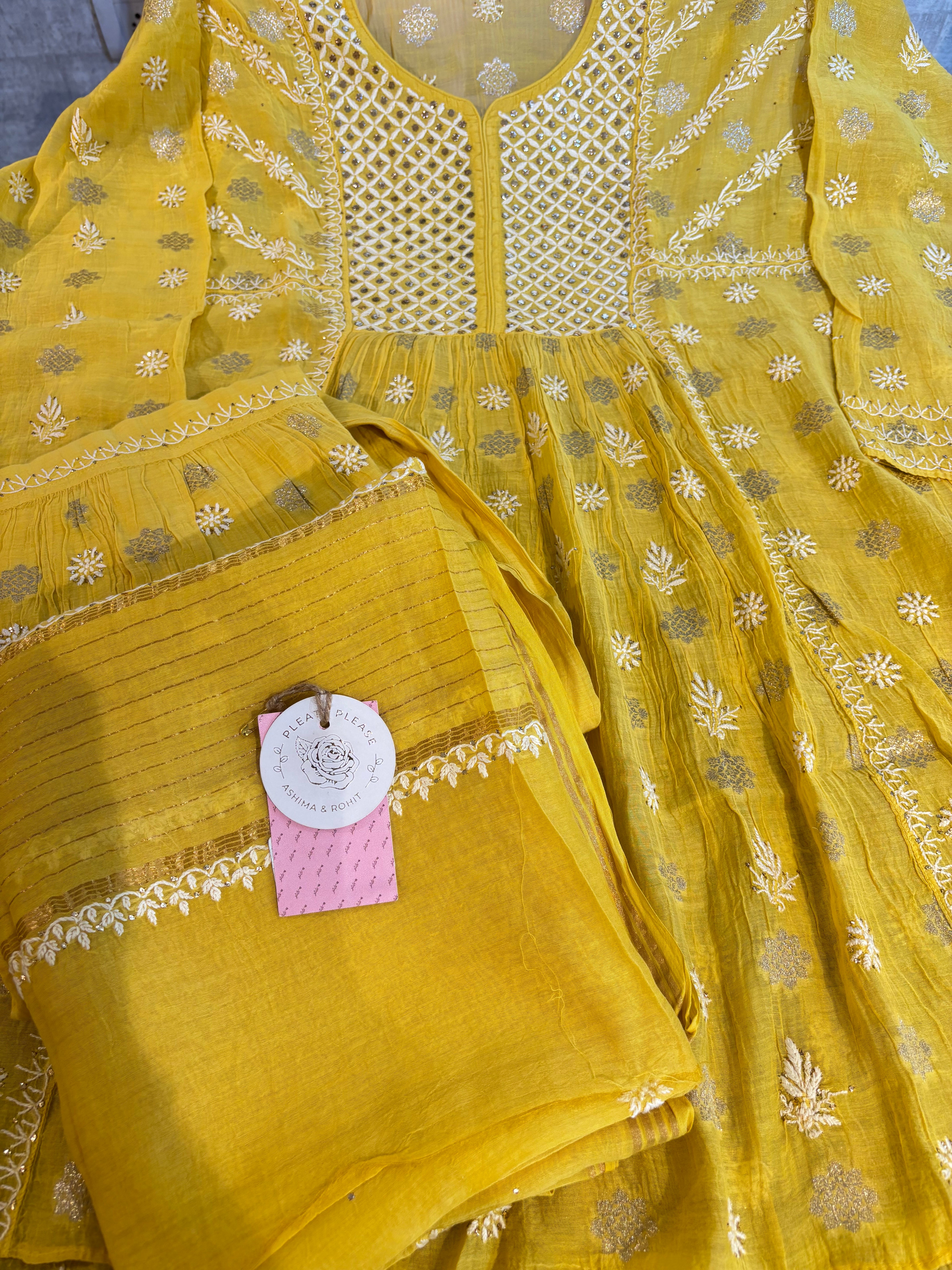 Yellow Chanderi Chikankari Mukaish Kurta, Dupatta & Sharara Set