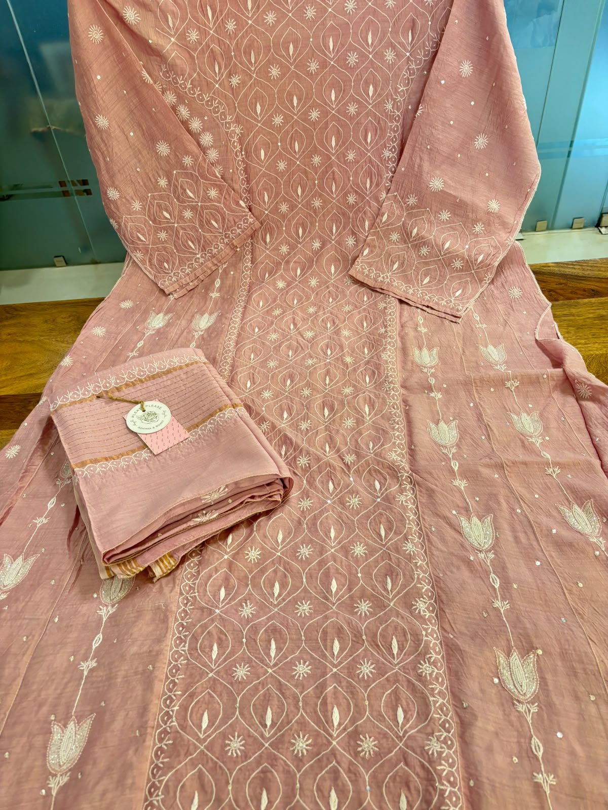 Baby Pink Pure Monga Silk Chikankari Anarakli & Dupatta