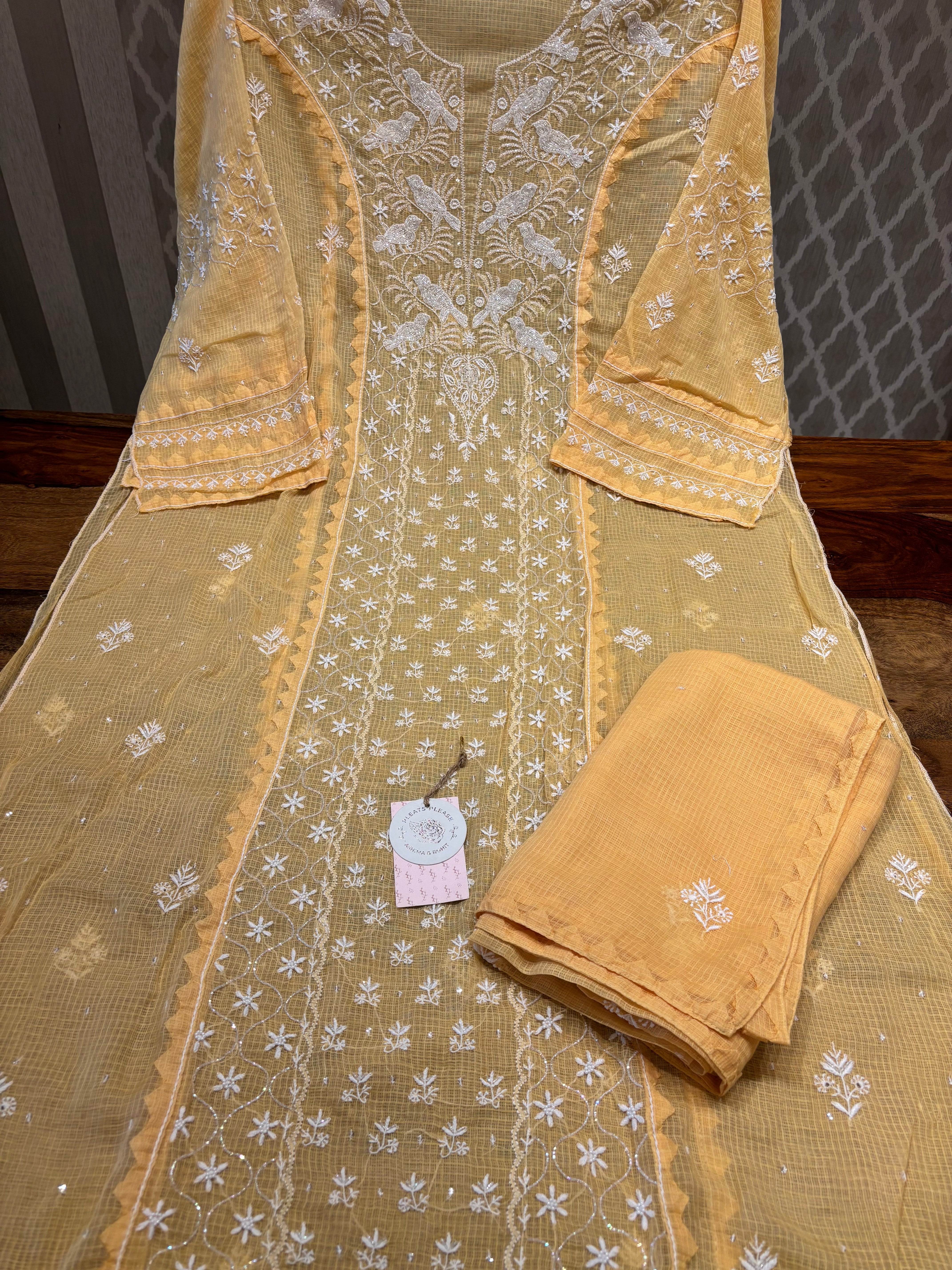 Yellow Kota Doria Chikankari Kurta And Dupatta Set