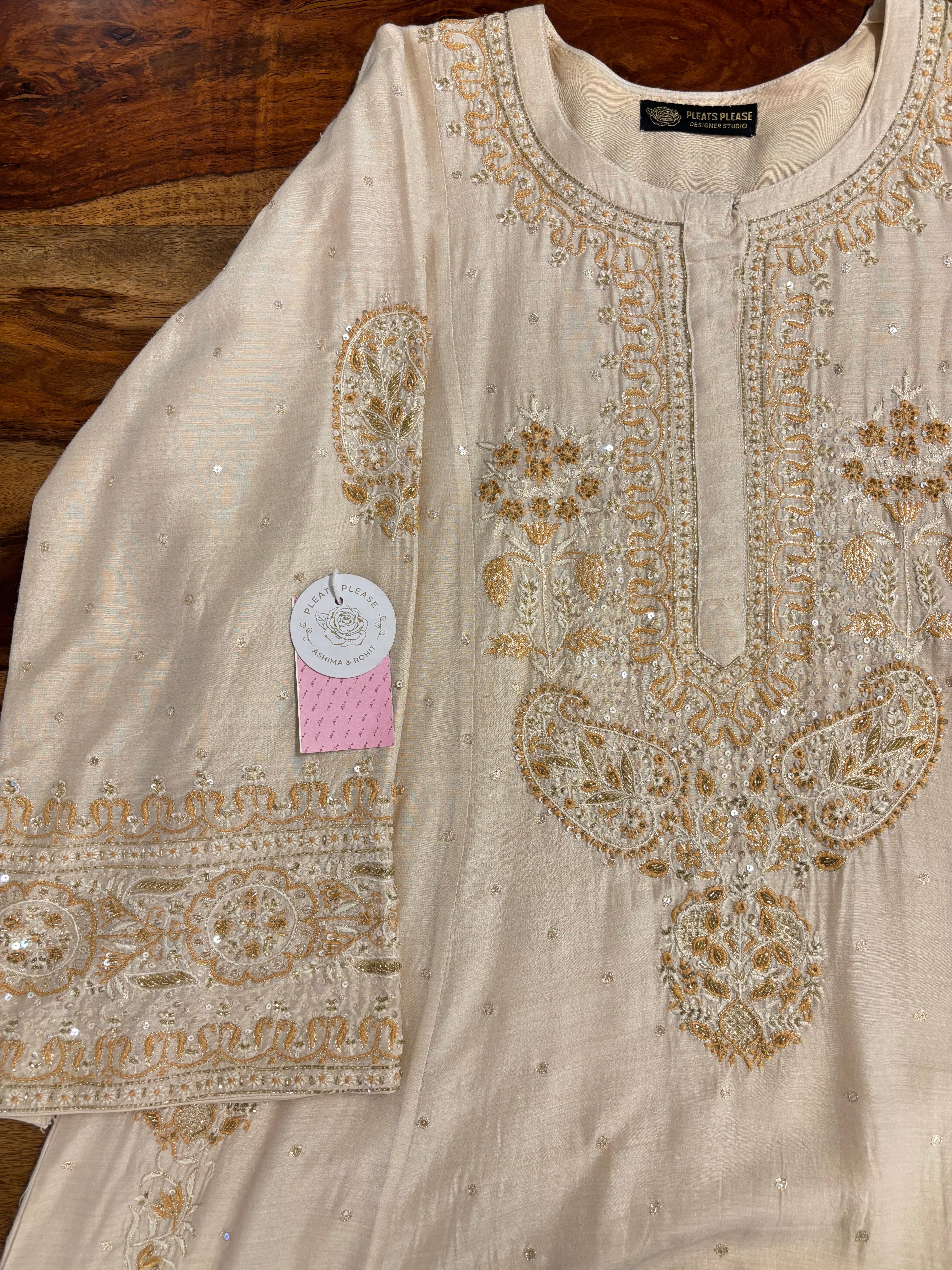 Dyeable Monga Silk A-Line Chikankari Kurta & Dupatta With Bottom