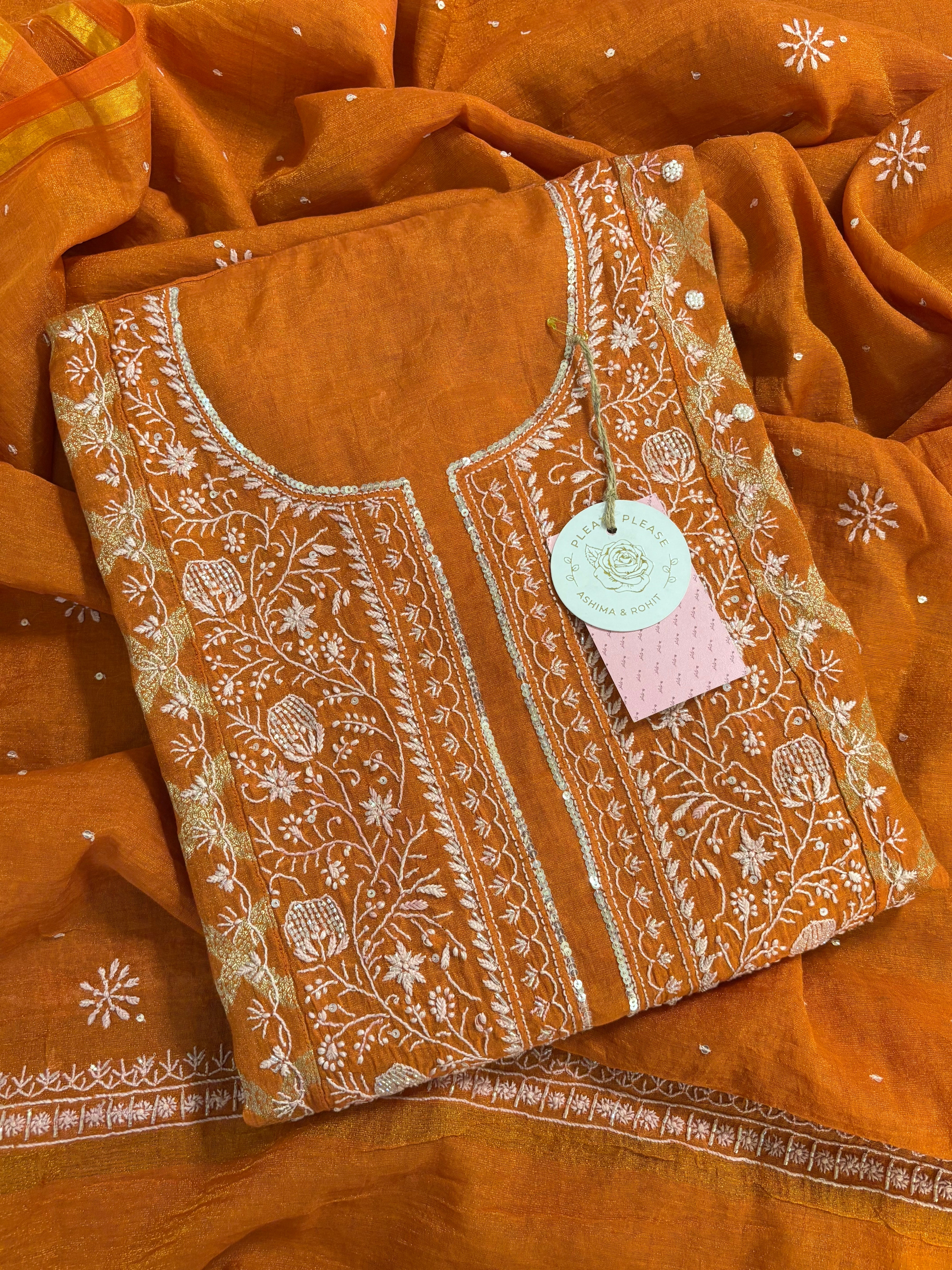 Orange Chanderi Chikankari Kurta Dupatta Set
