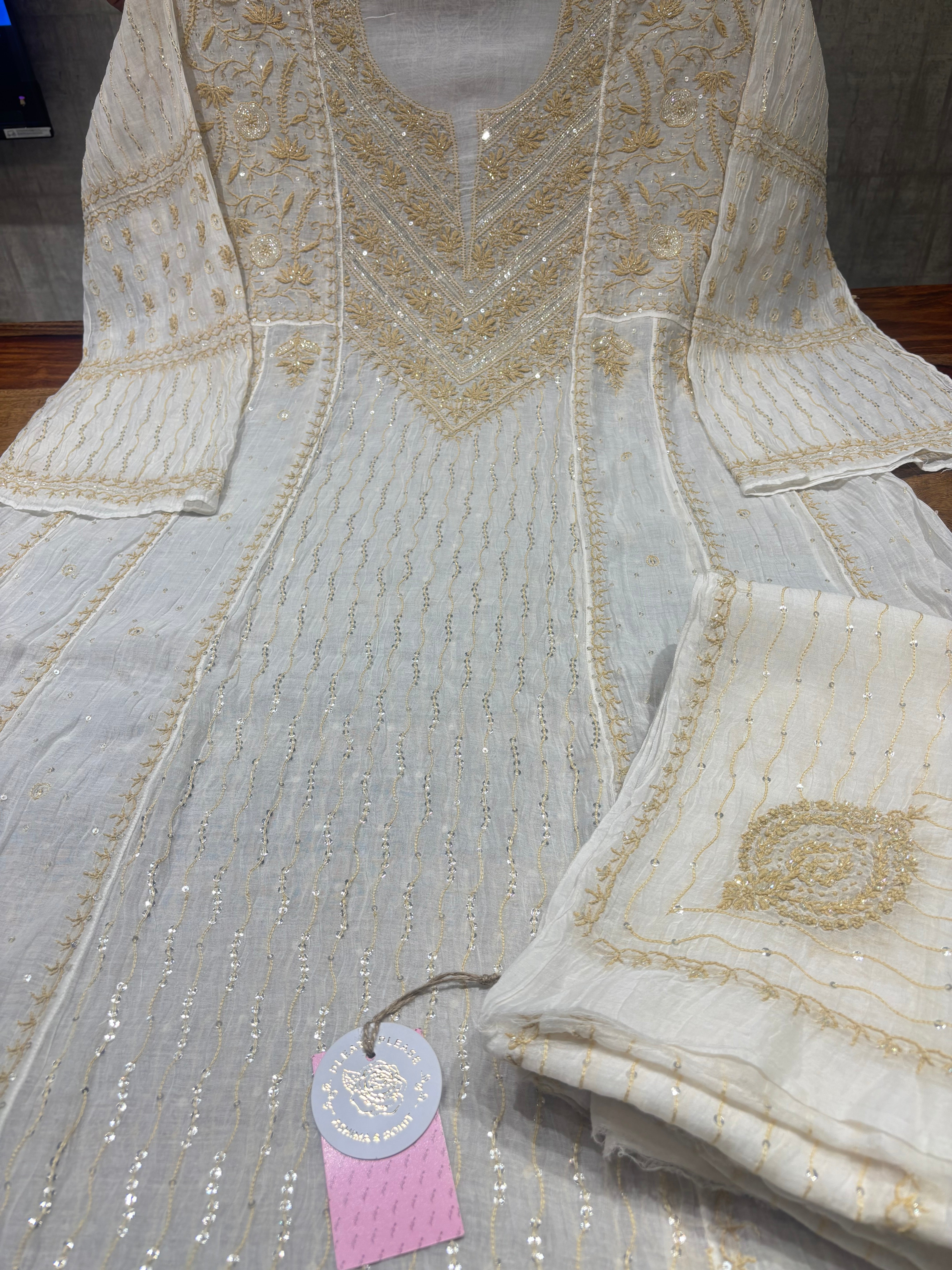 Dyeable Chanderi Mul Chikankari Anarkali & Dupatta Set