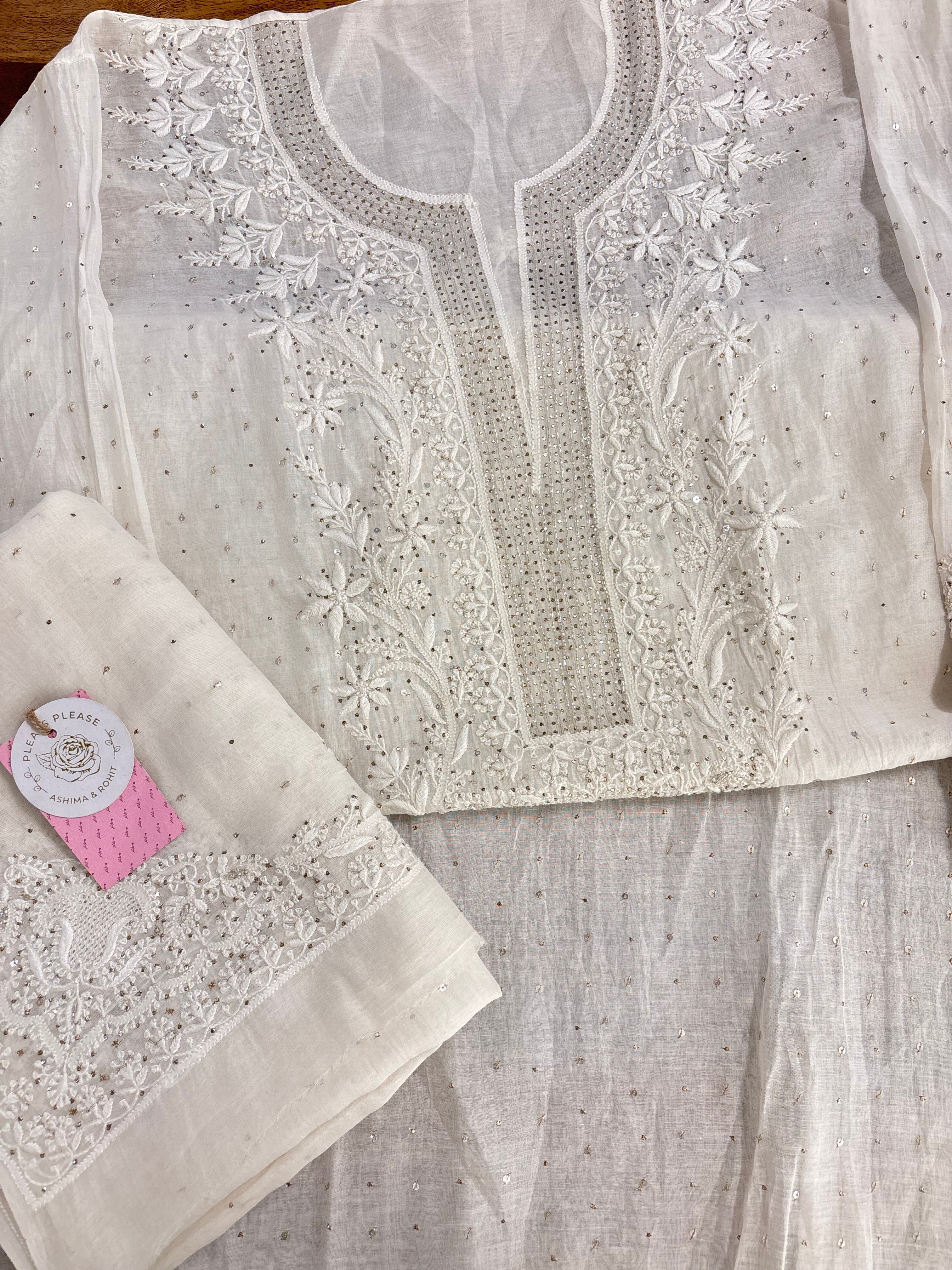Dyeable Chanderi Mul Mukaish Chikankari Kurta & Dupatta