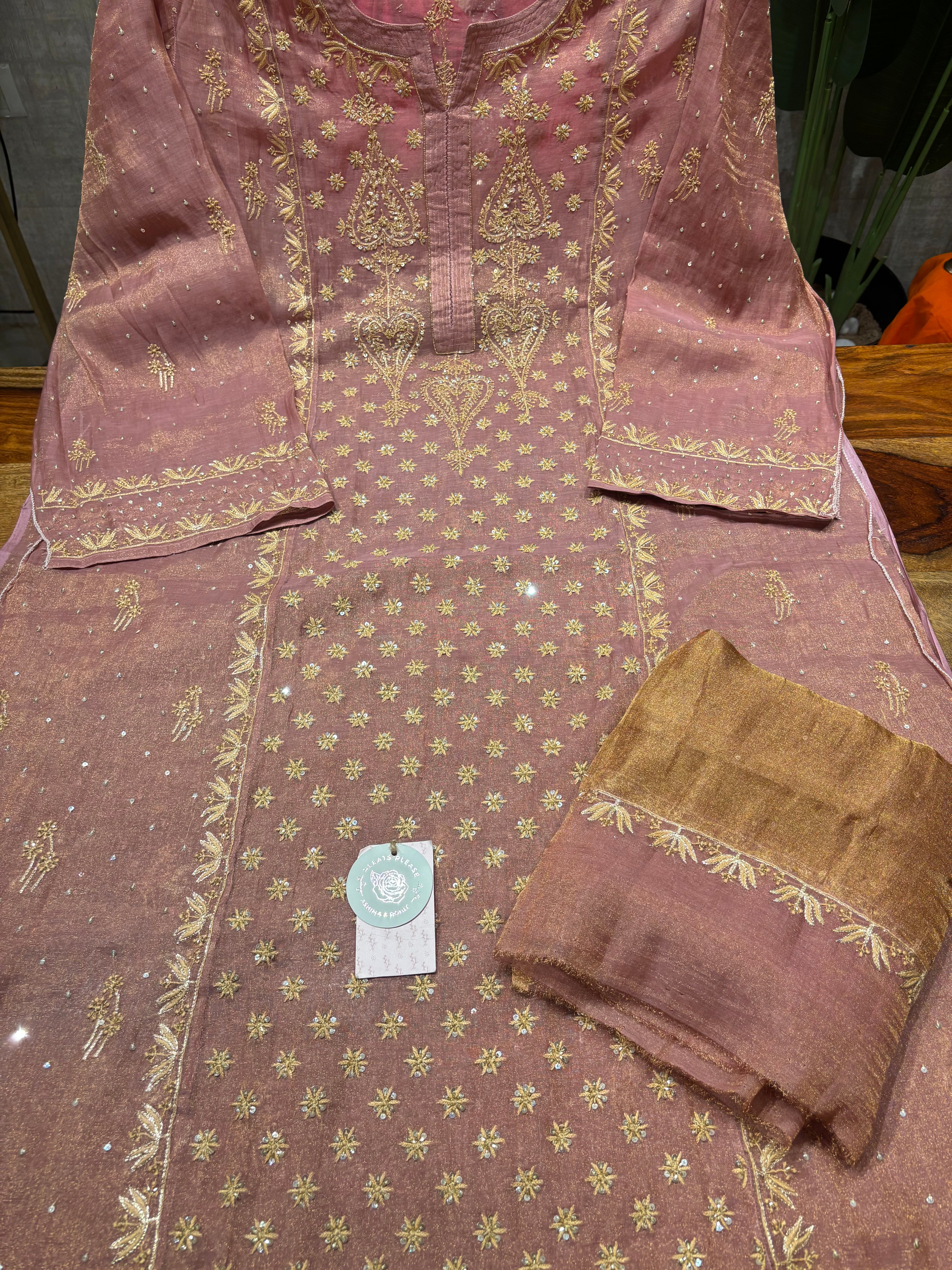 Garnet Pure & Premium Tissue Chikankari Kurta & Dupatta Set