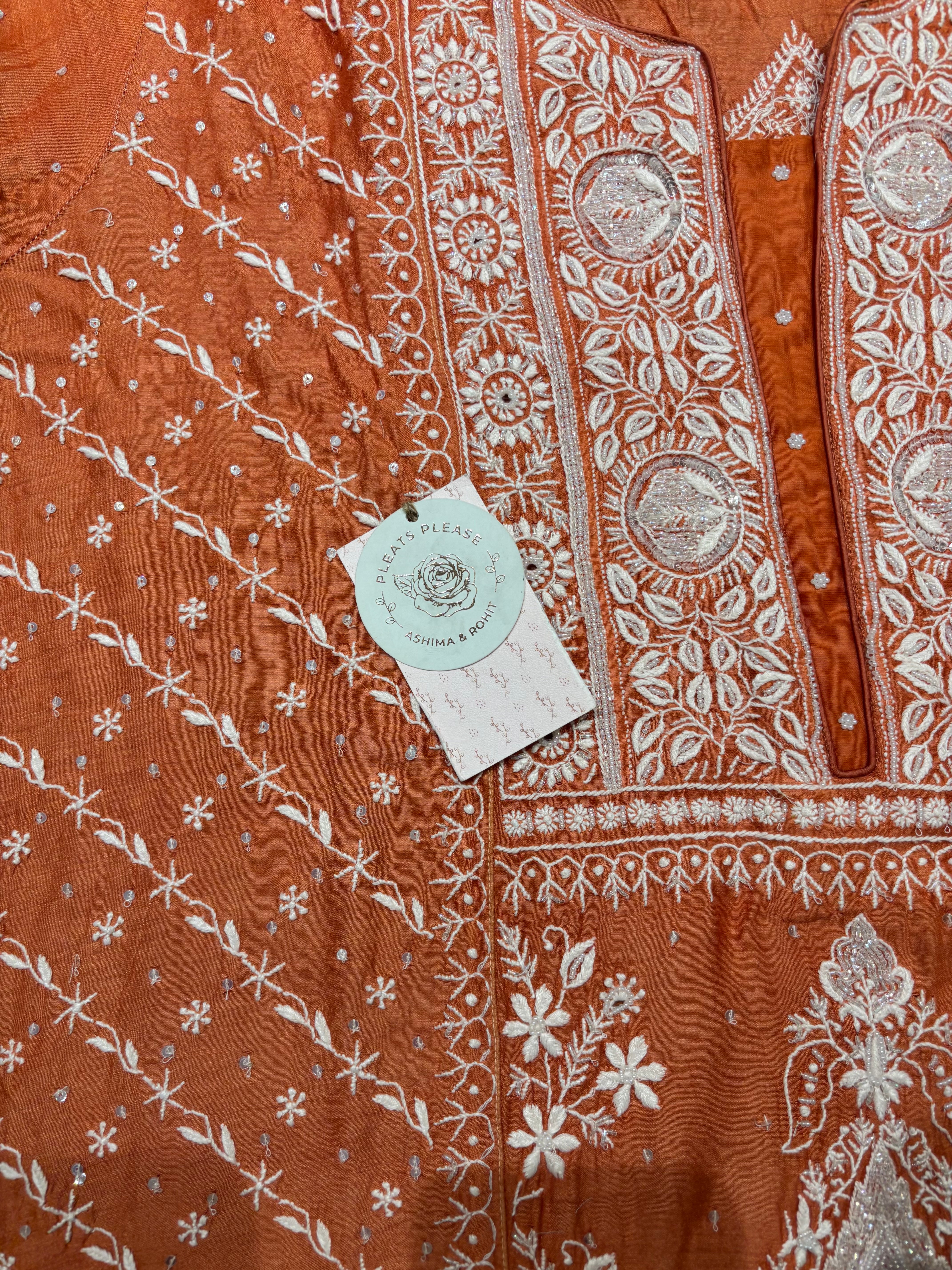 Burnt Orange Monga Silk Chikankari Kurta And Dupatta Set