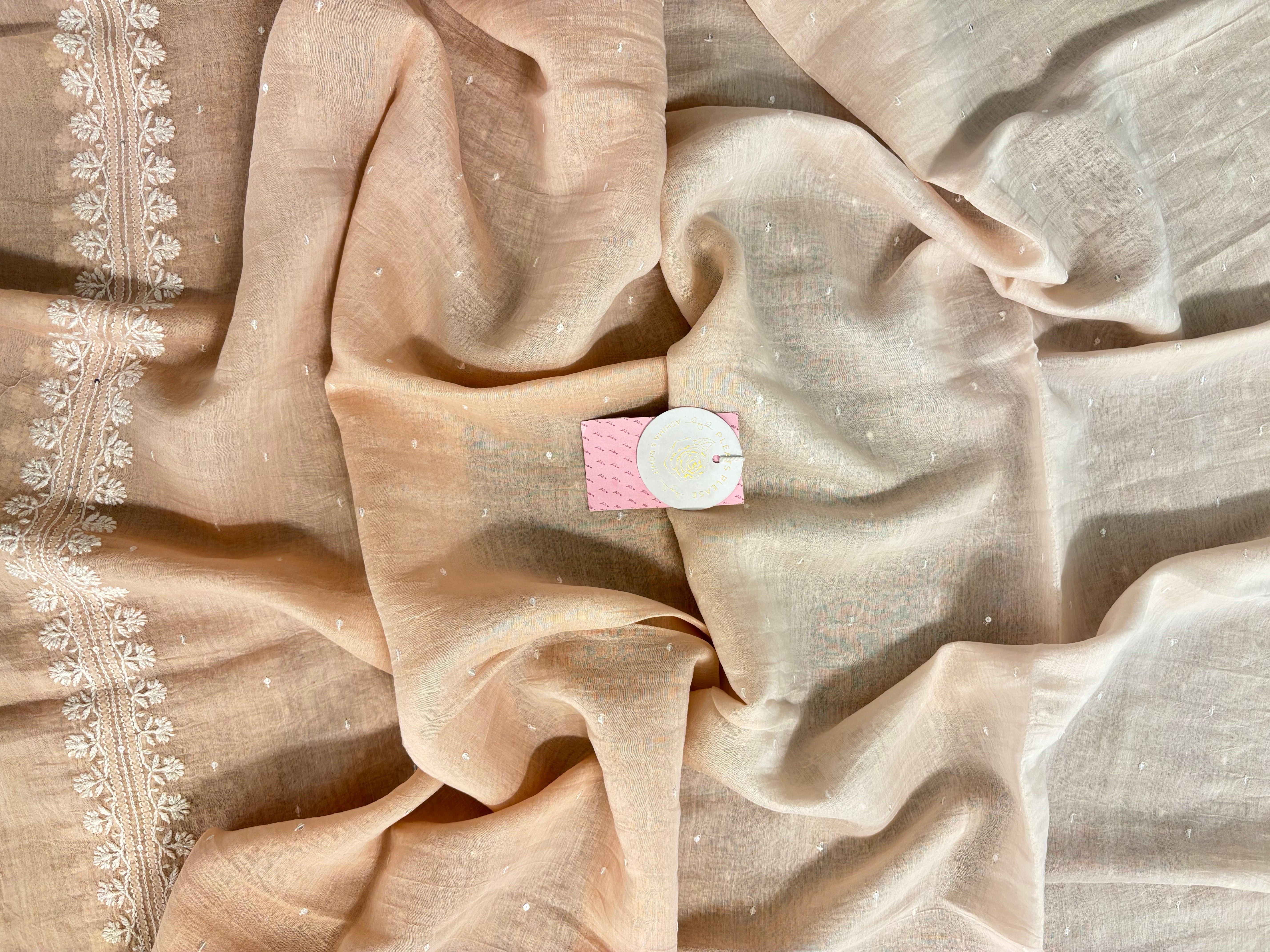 Champagne Pure Chanderi Ombre Chikankari Kurta & Dupatta - Pleats PleaseChikankari